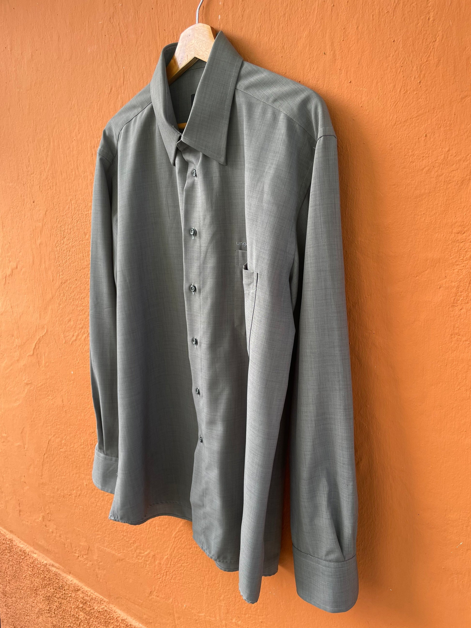 Vintage Emanuel Ungaro grey men blouse, Gingham Oxford designer shirt, Boxy fit, Classic formal shirt, Oversized smart shirt