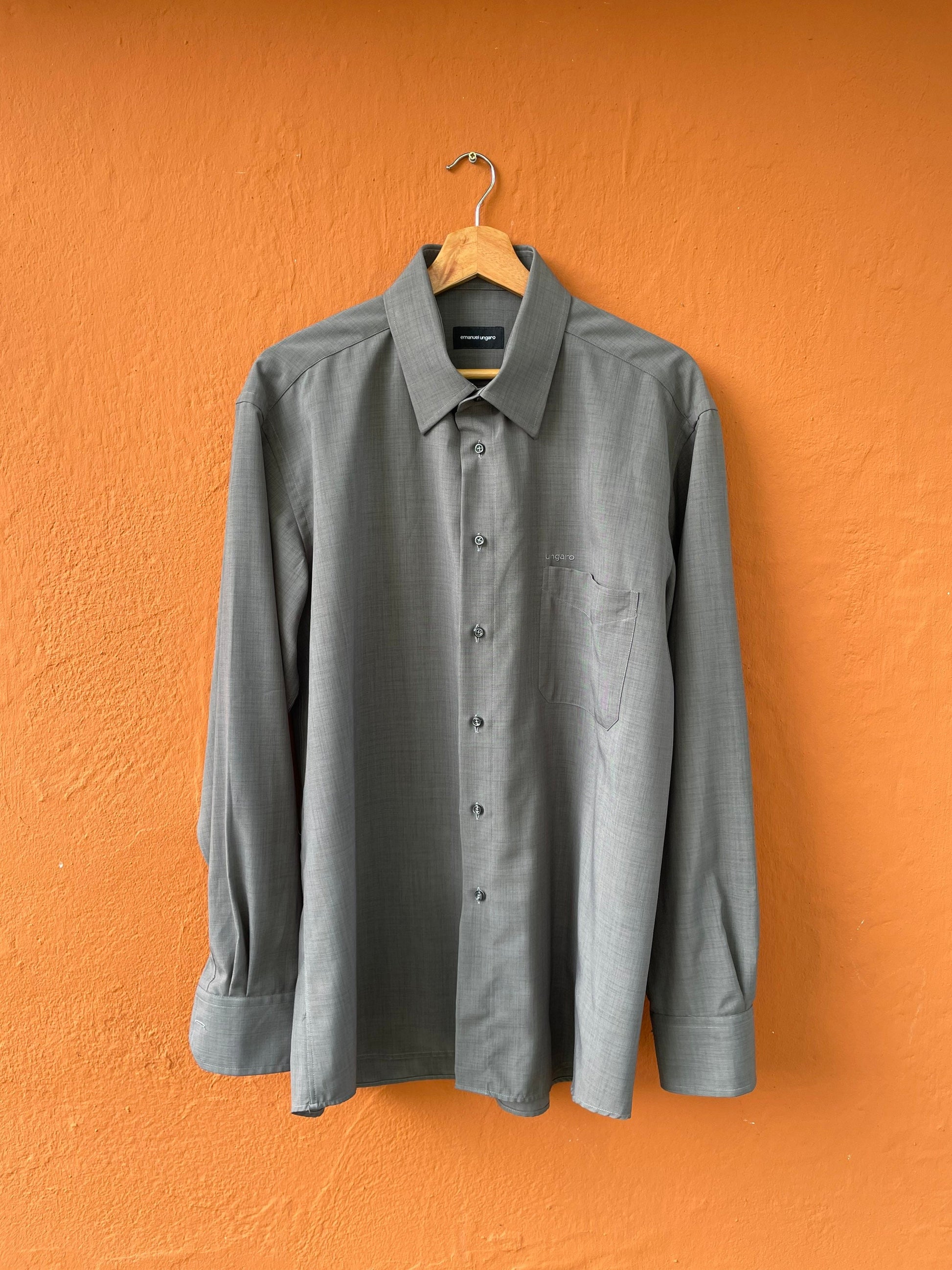 Vintage Emanuel Ungaro grey men blouse, Gingham Oxford designer shirt, Boxy fit, Classic formal shirt, Oversized smart shirt