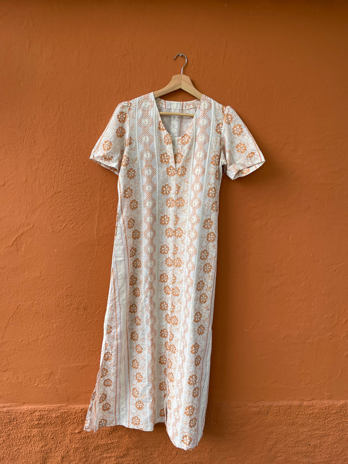 Orange and white long 70s dress tangerine vintage woman's nightgown, Feminine Cottage core nightie, M