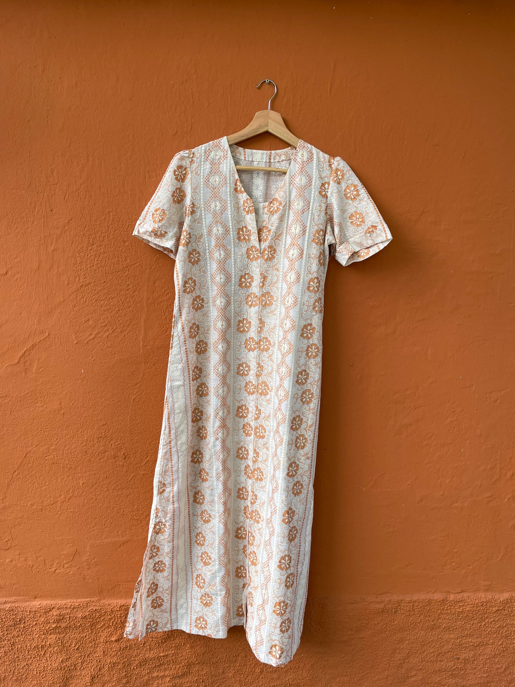 Orange and white long 70s dress tangerine vintage woman's nightgown, Feminine Cottage core nightie, M