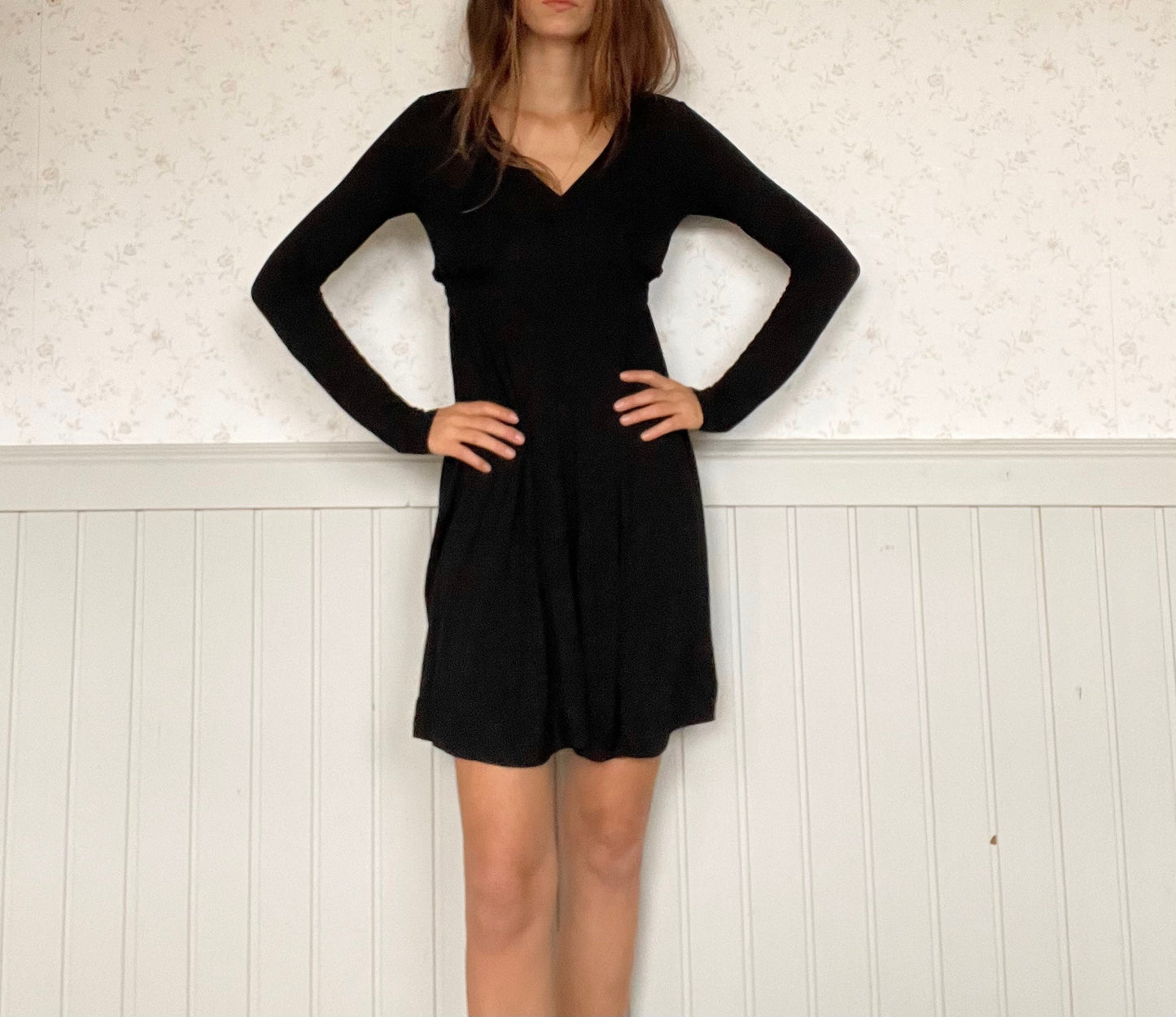 Long sleeve Little Black Dress by Twin Set, Y2K comfortable winter dress, Classic deep v neck dress, S