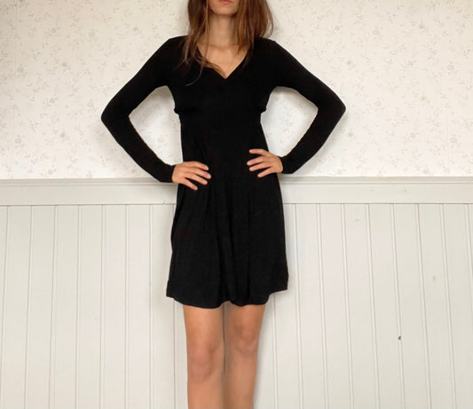 Long sleeve Little Black Dress by Twin Set, Y2K comfortable winter dress, Classic deep v neck dress, S