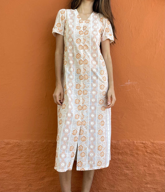 Orange and white long 70s dress tangerine vintage woman's nightgown, Feminine Cottage core nightie, M