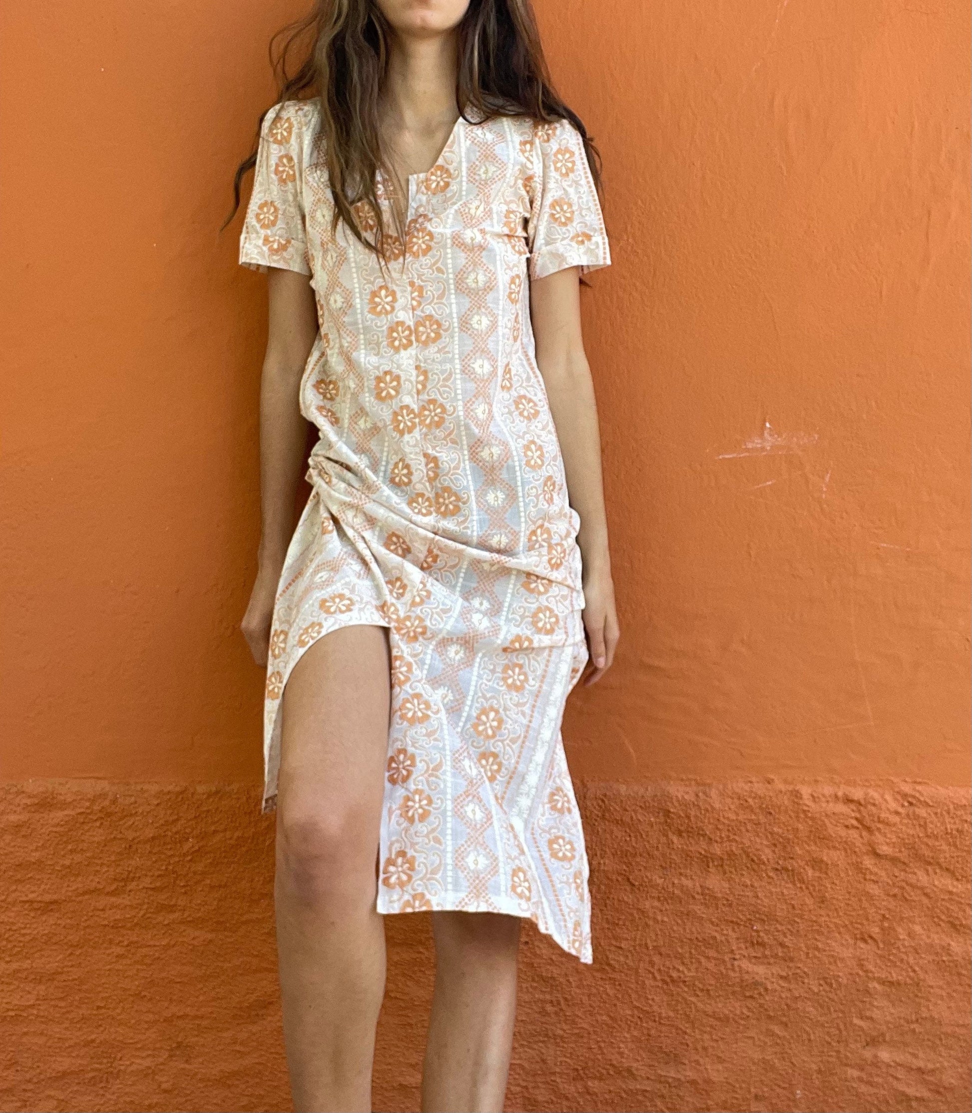 Orange and white long 70s dress tangerine vintage woman's nightgown, Feminine Cottage core nightie, M