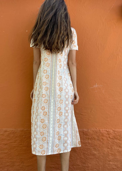 Orange and white long 70s dress tangerine vintage woman's nightgown, Feminine Cottage core nightie, M