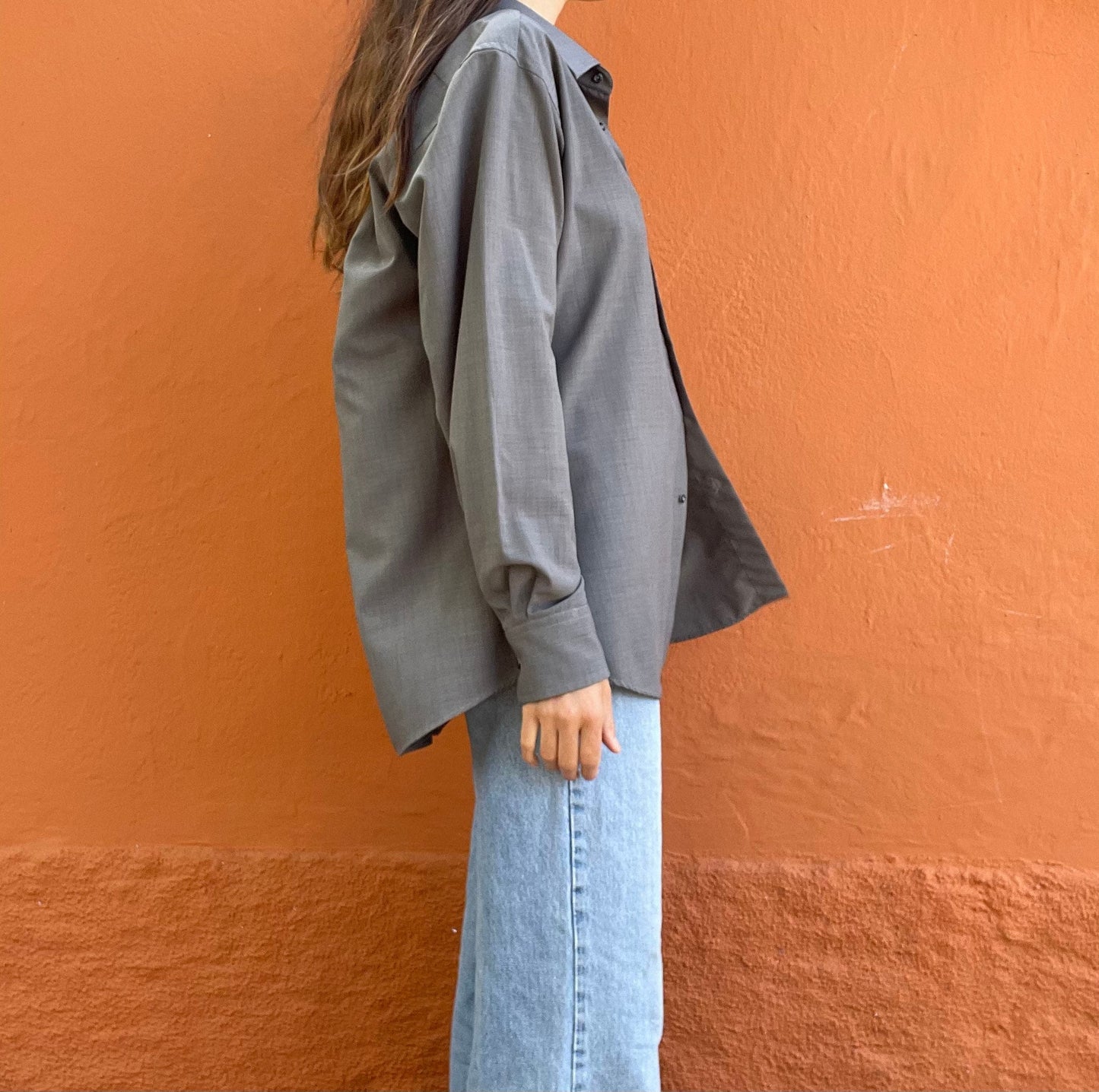 Vintage Emanuel Ungaro grey men blouse, Gingham Oxford designer shirt, Boxy fit, Classic formal shirt, Oversized smart shirt