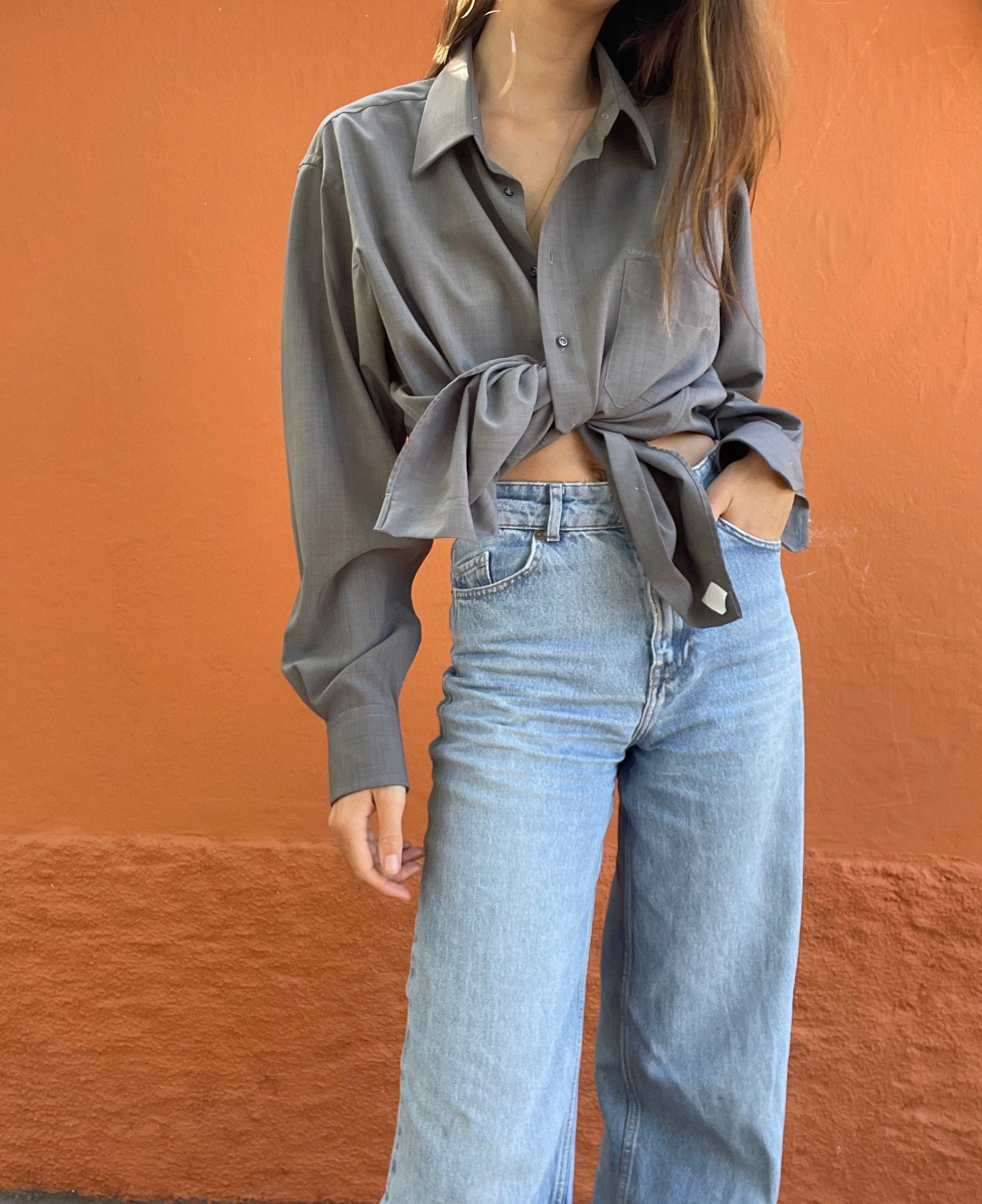 Vintage Emanuel Ungaro grey men blouse, Gingham Oxford designer shirt, Boxy fit, Classic formal shirt, Oversized smart shirt