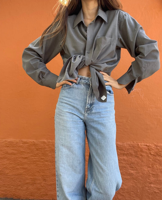 Vintage Emanuel Ungaro grey men blouse, Gingham Oxford designer shirt, Boxy fit, Classic formal shirt, Oversized smart shirt