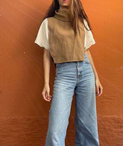 Wool Tan Turtleneck Shawl — detail