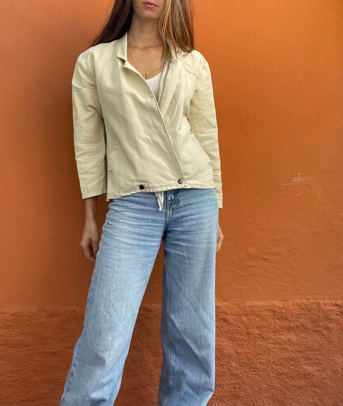 Neutral Linen Blazer Jacket for Women — fabric close-up