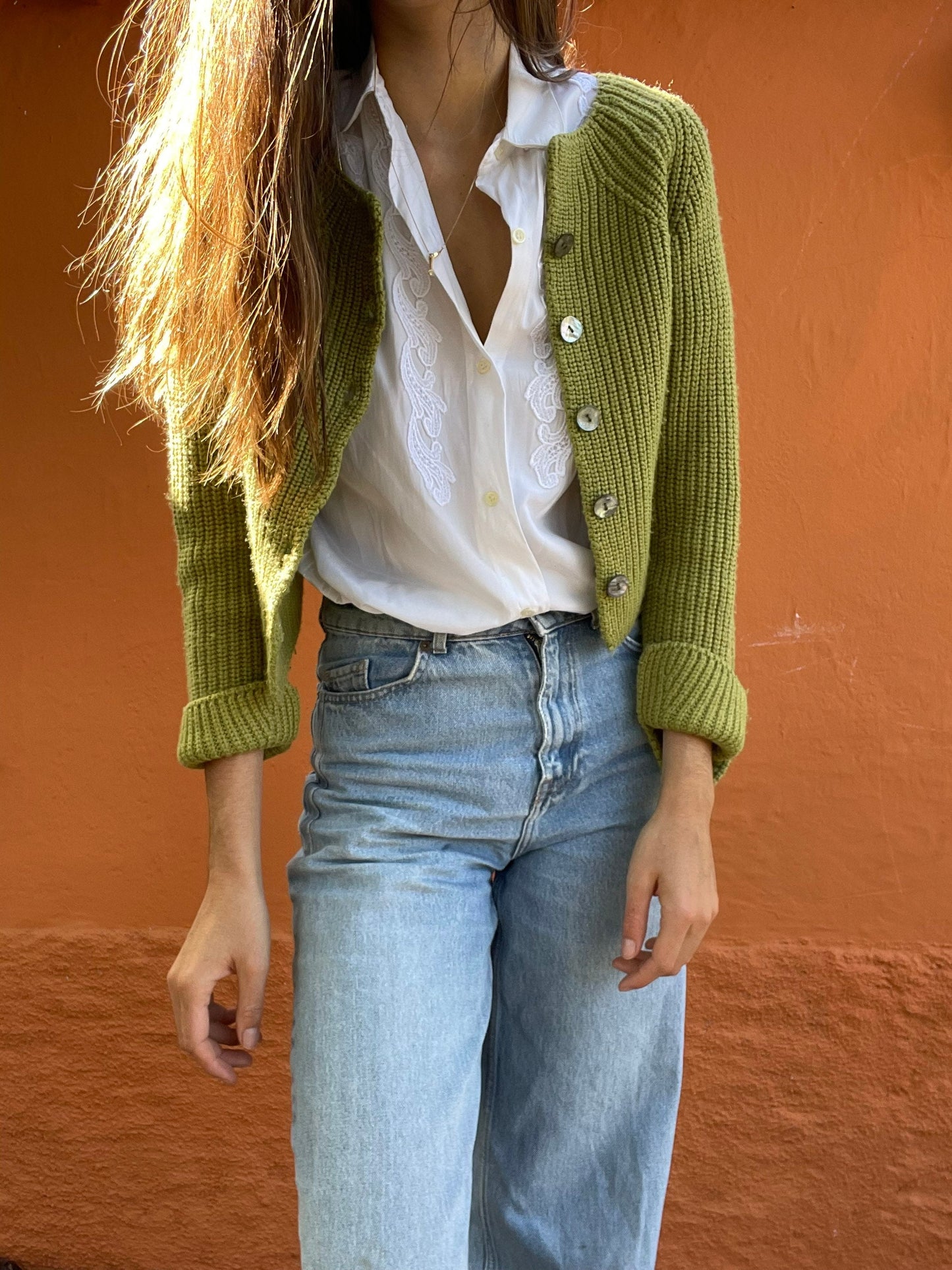 Vintage moss green cardigan with mother of pearl buttons, Wool light Academia aesthetic vest, Apple green jumper, Unisex winter clothing