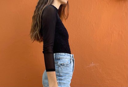 Vintage Black Sheer Turtleneck Bodysuit — fabric close-up