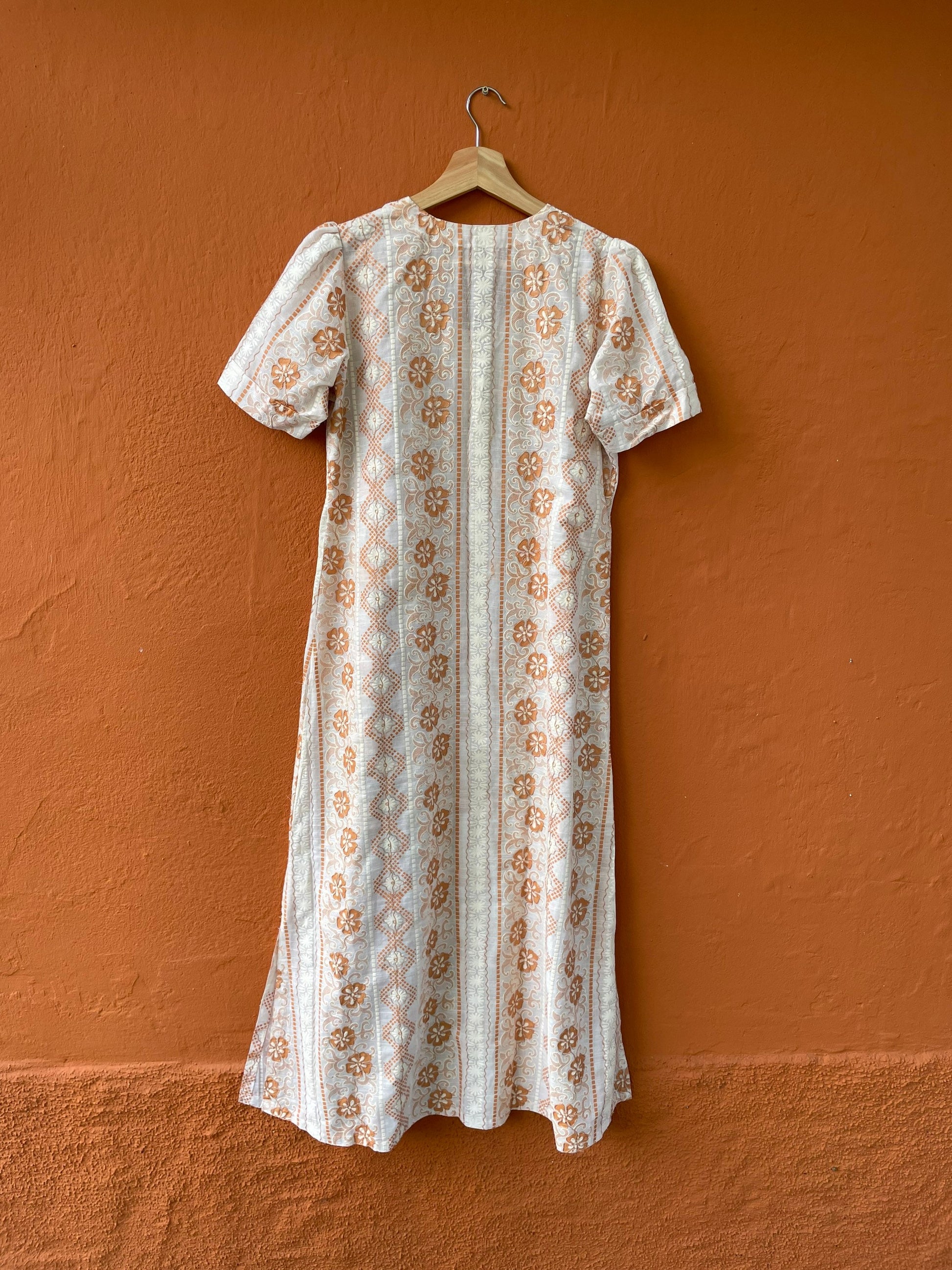 Orange and white long 70s dress tangerine vintage woman's nightgown, Feminine Cottage core nightie, M
