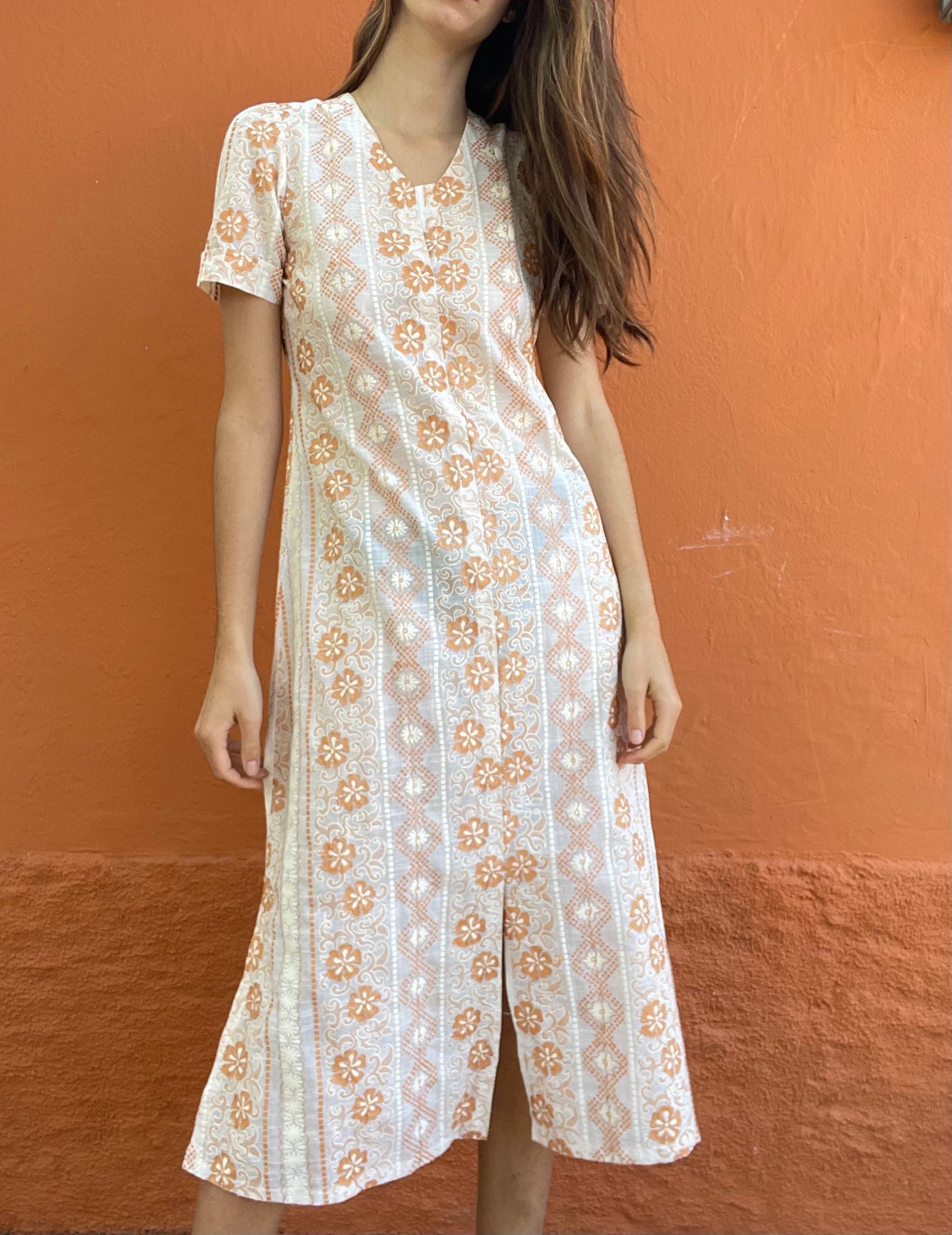 Orange and white long 70s dress tangerine vintage woman's nightgown, Feminine Cottage core nightie, M