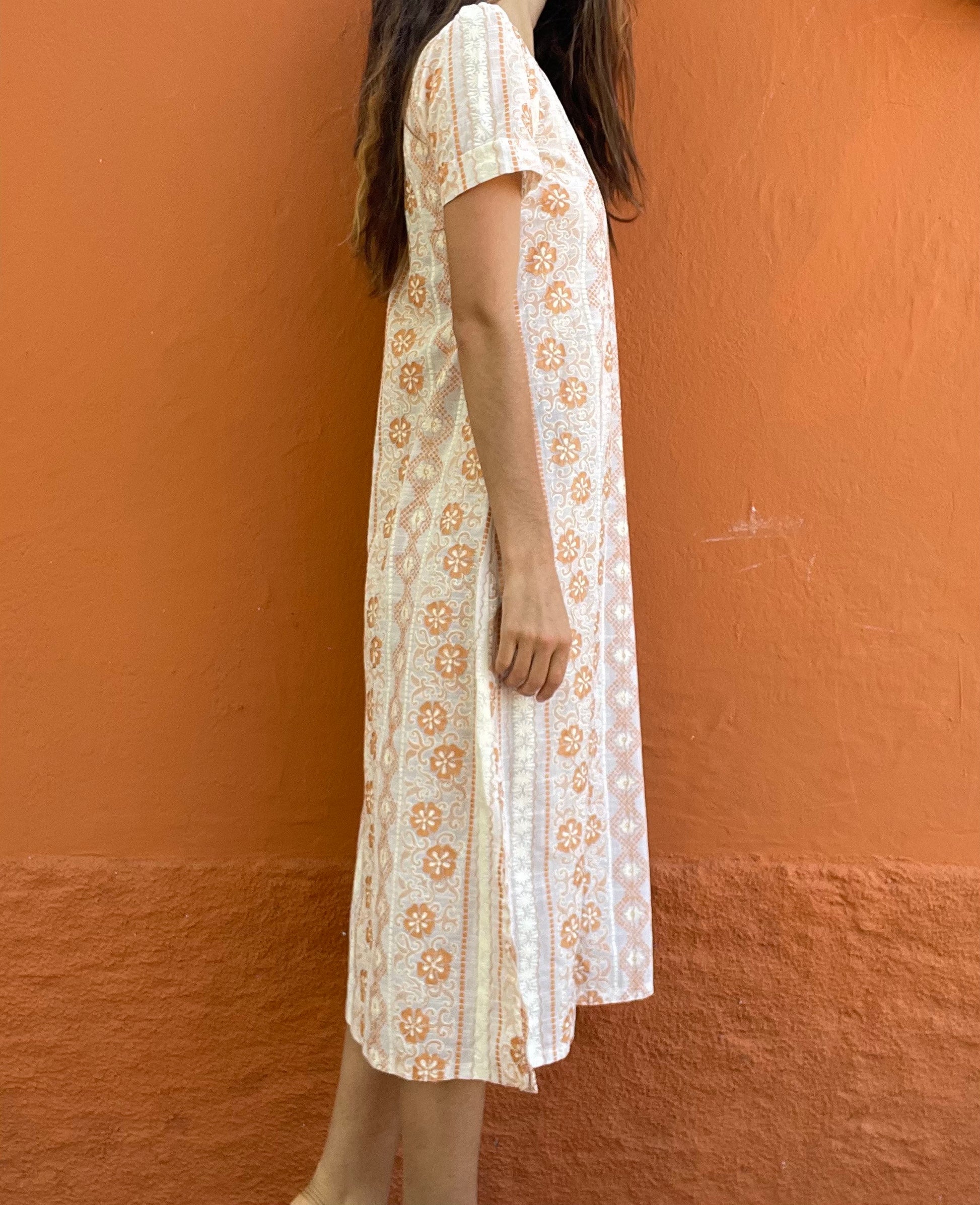 Orange and white long 70s dress tangerine vintage woman's nightgown, Feminine Cottage core nightie, M