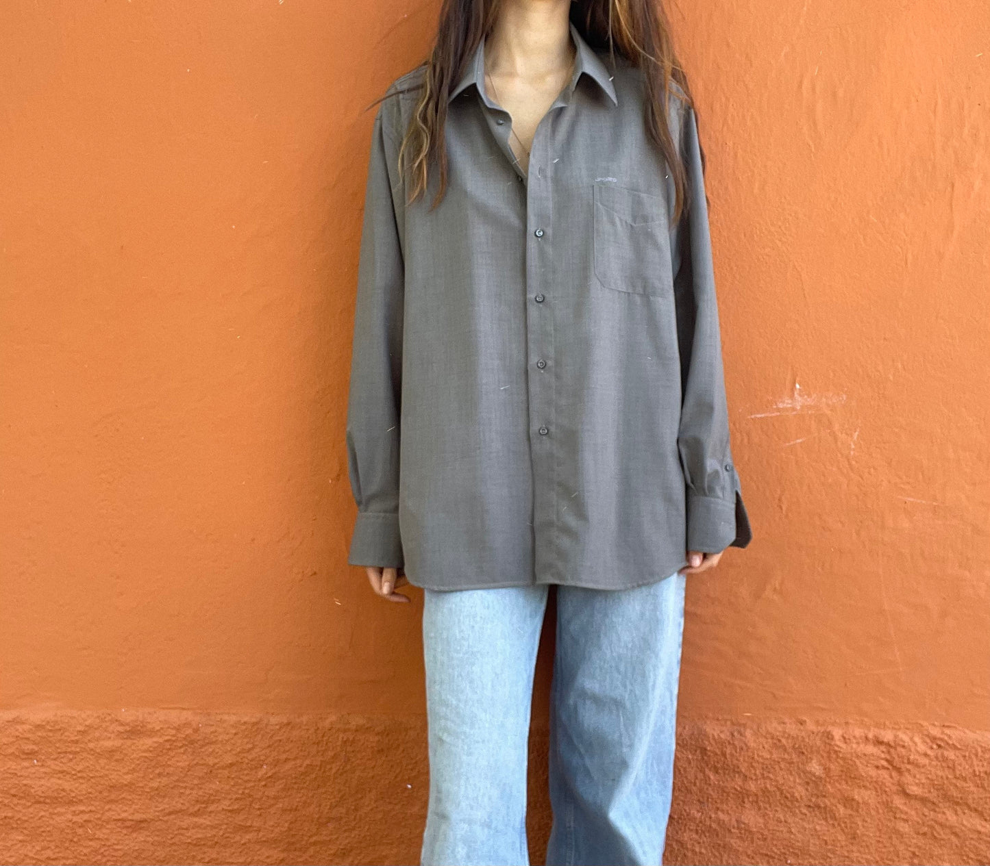 Vintage Emanuel Ungaro grey men blouse, Gingham Oxford designer shirt, Boxy fit, Classic formal shirt, Oversized smart shirt