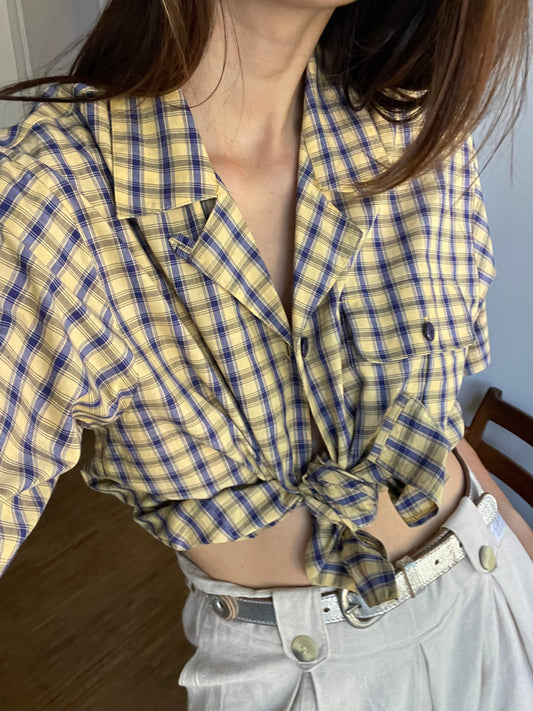 Vintage Plaid Blouse Women’s Cotton Summer Shirt, Light Academia Oversized Prairie Button-Up, Yellow & Black Checkered Top, Size M/L