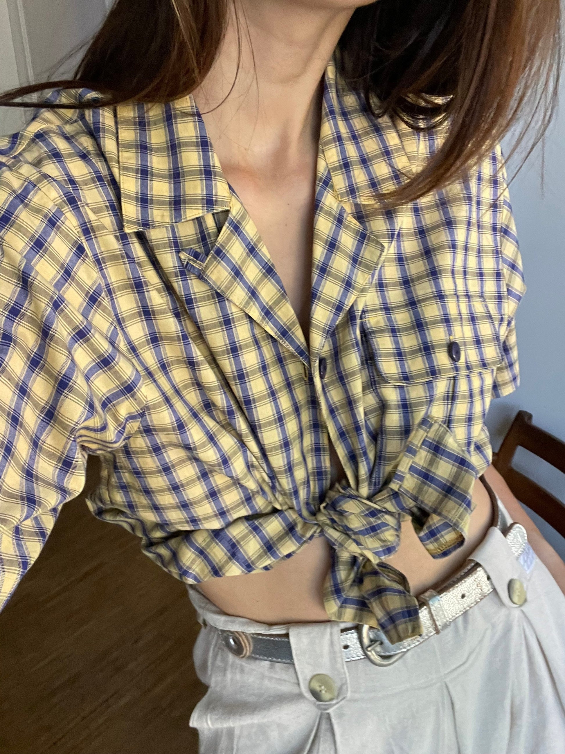 Vintage Plaid Blouse Women’s Cotton Summer Shirt, Light Academia Oversized Prairie Button-Up, Yellow & Black Checkered Top, Size M/L