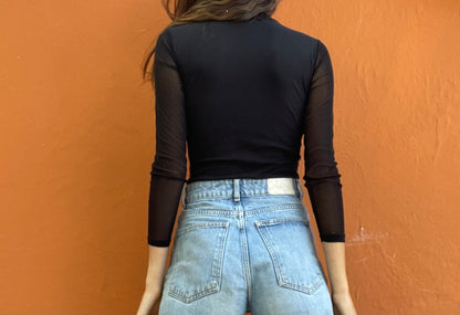 Vintage Black Sheer Turtleneck Bodysuit — back view