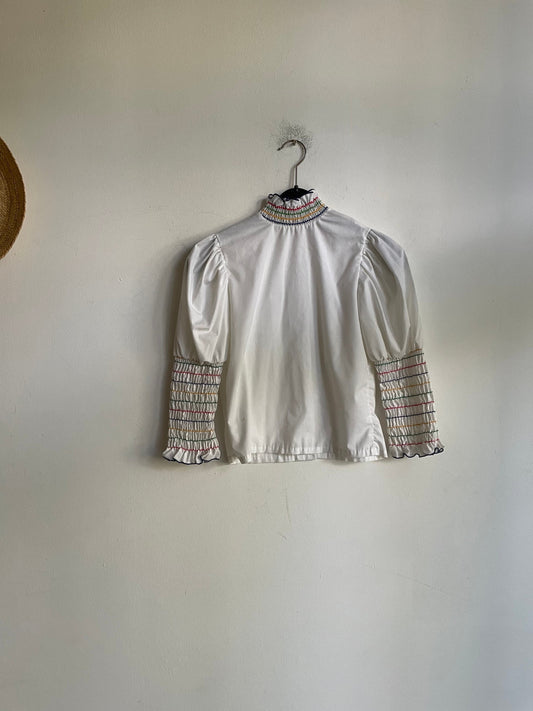 Hungarian Folk Blouse Vintage Puff Sleeve Top with Striped Embroidery, Romantic Cottagecore Vyshyvanka Ukrainian Embroidered Shirt