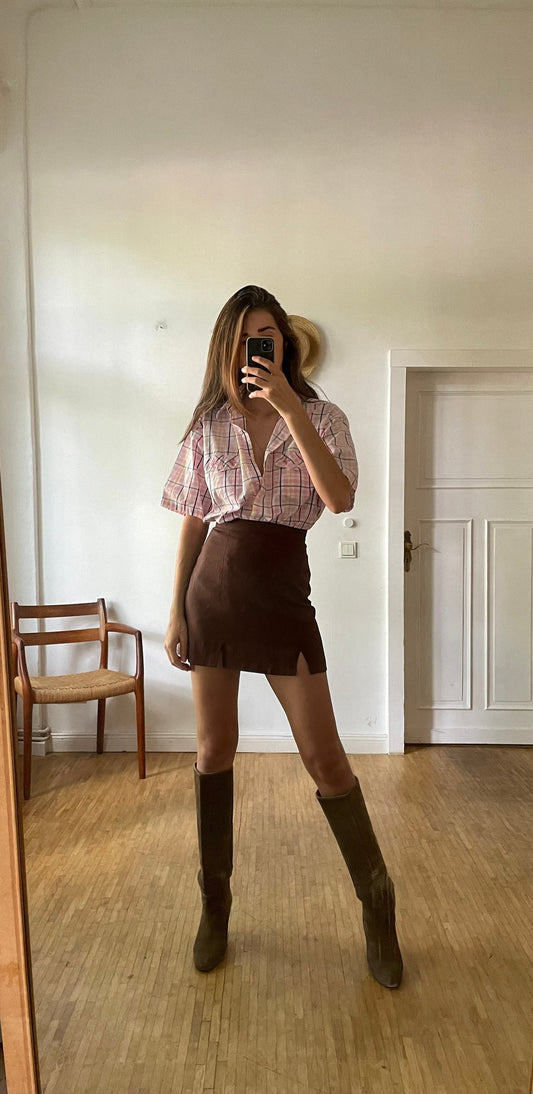 Vintage Pink Checkered Blouse XL, Short Sleeve Plaid Summer Shirt, Light Academia Prairie Top, Cute Button-Up Picnic Shirt for Women