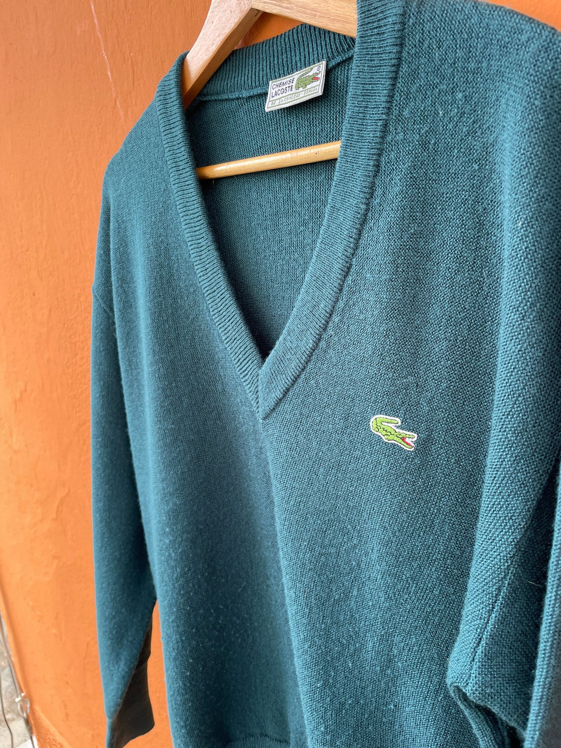 Forest green vintage Chemise Lacoste sweaterverst, V neck dark green Dark Academia aesthetic jumper, V neck winter sweater, Vintage unisex