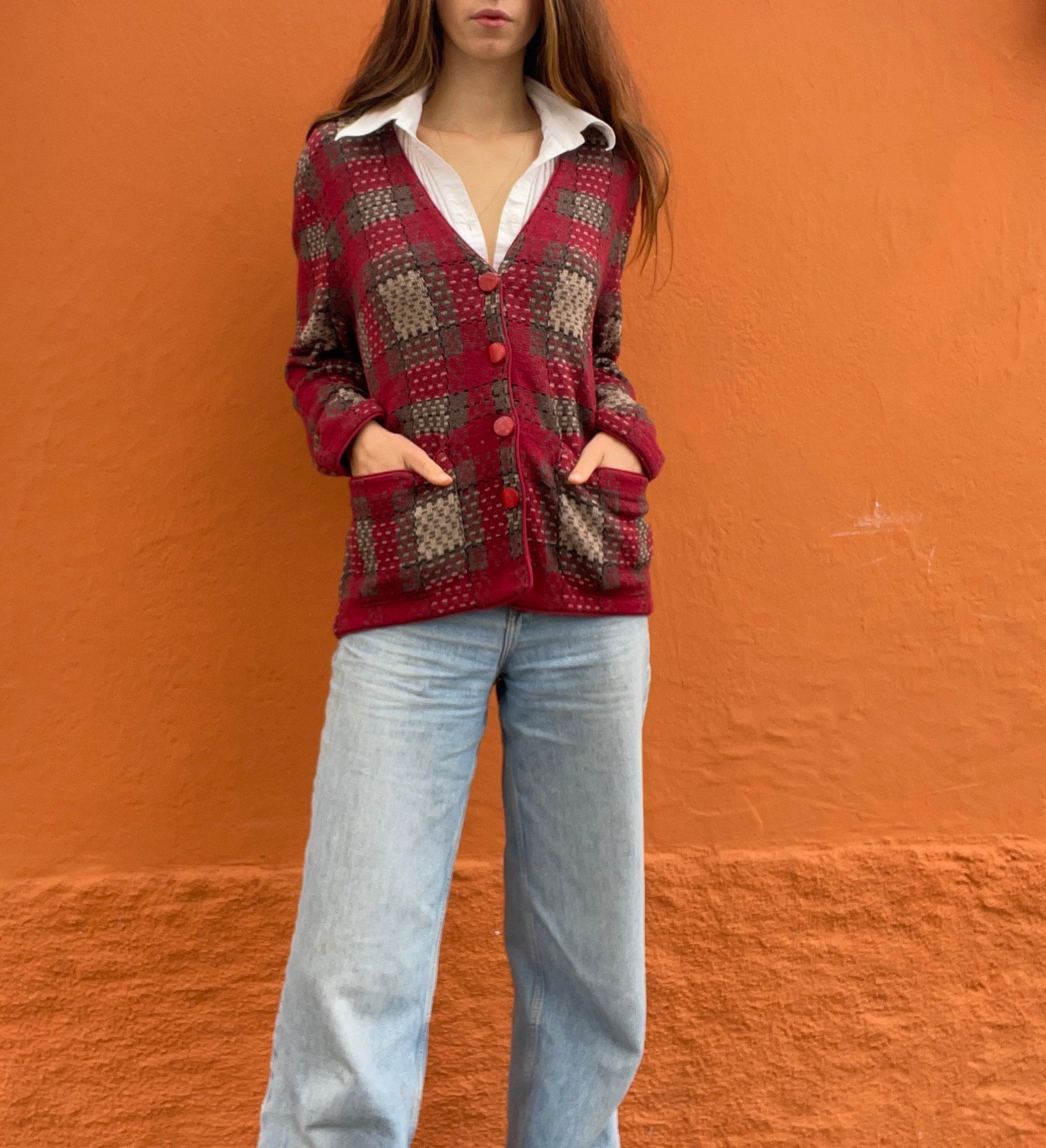 Vintage Pierre Cardin red cardigan, Light Academia aesthetic jumper, Vintage clothing, Unisex winter clothing, Size M - L