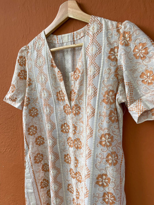 Orange and white long 70s dress tangerine vintage woman's nightgown, Feminine Cottage core nightie, M