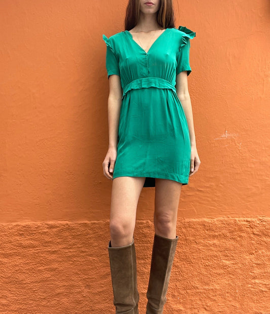 Sandro silk short emerald green dress, Elegant cocktail dress, Simple prom dress, Sustainable fashion, Vintage design clothing for women