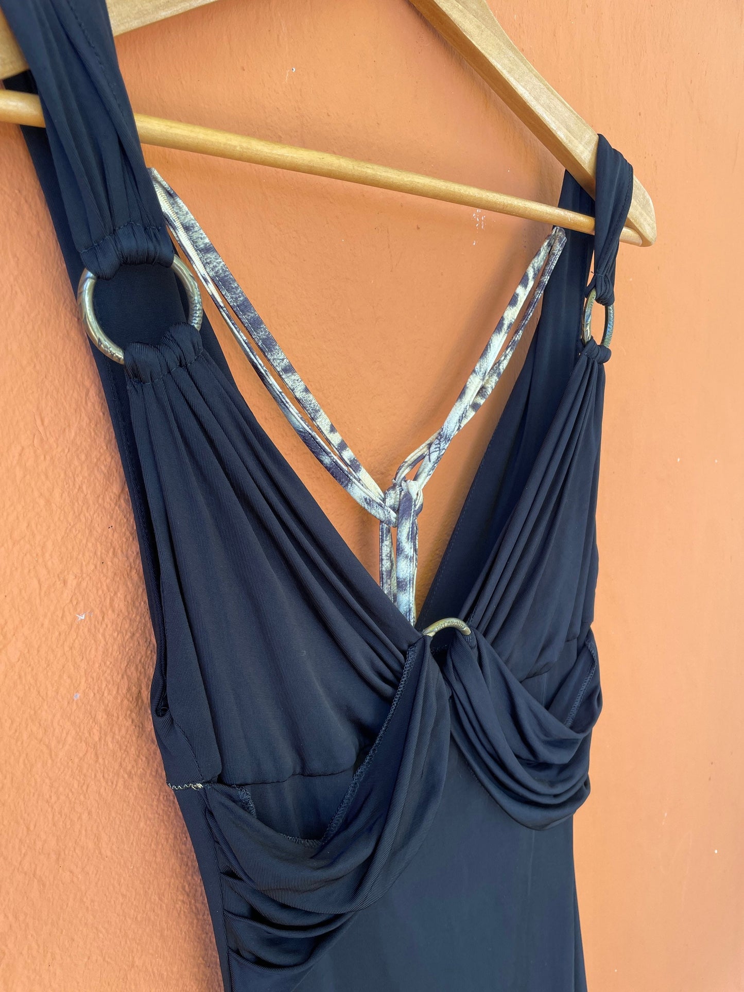 Vintage Just Cavalli formal maxi dress, Elegant black deep v cocktail dress, Animal pattern long dress, L