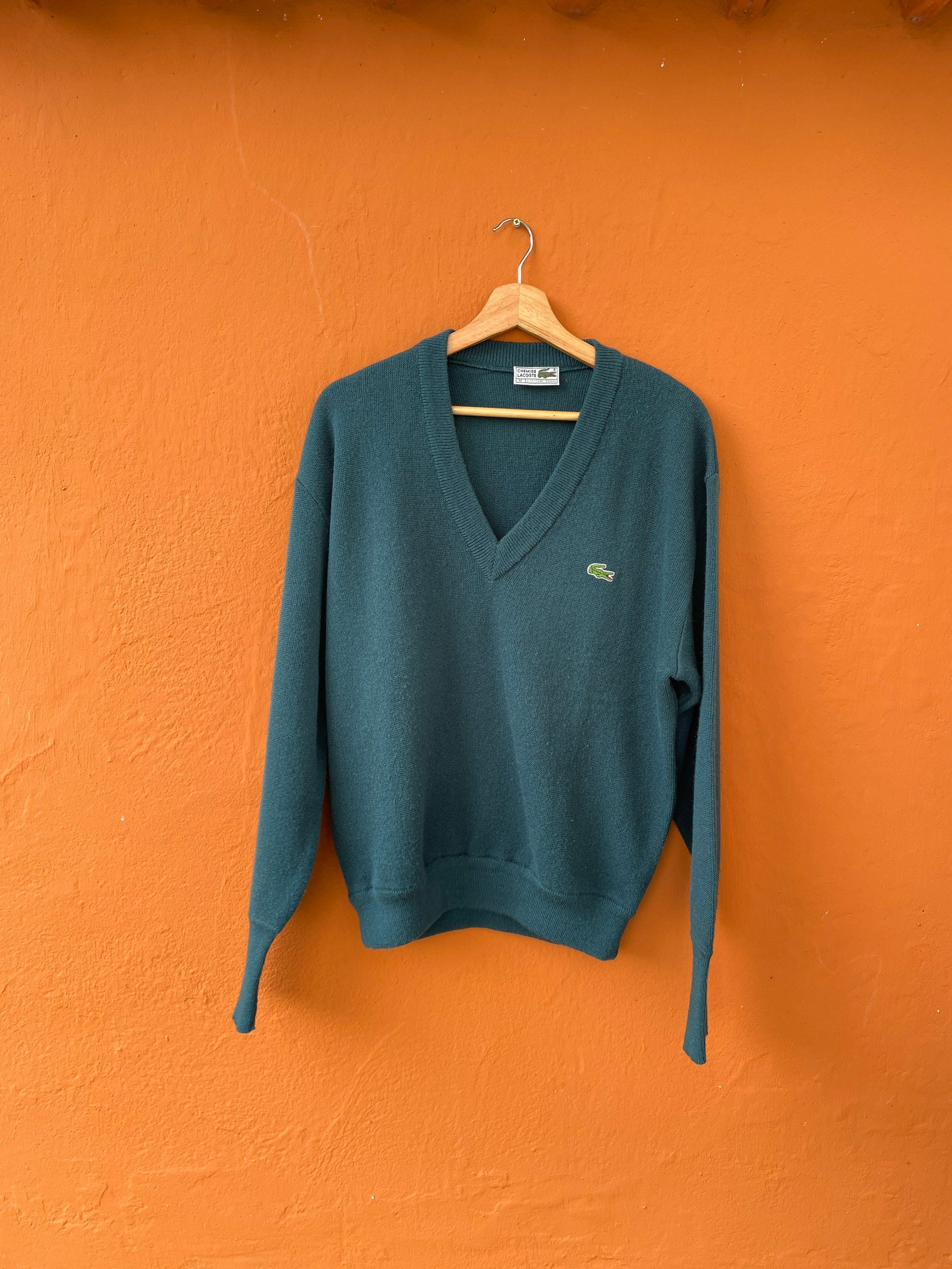 Forest green vintage Chemise Lacoste sweaterverst, V neck dark green Dark Academia aesthetic jumper, V neck winter sweater, Vintage unisex