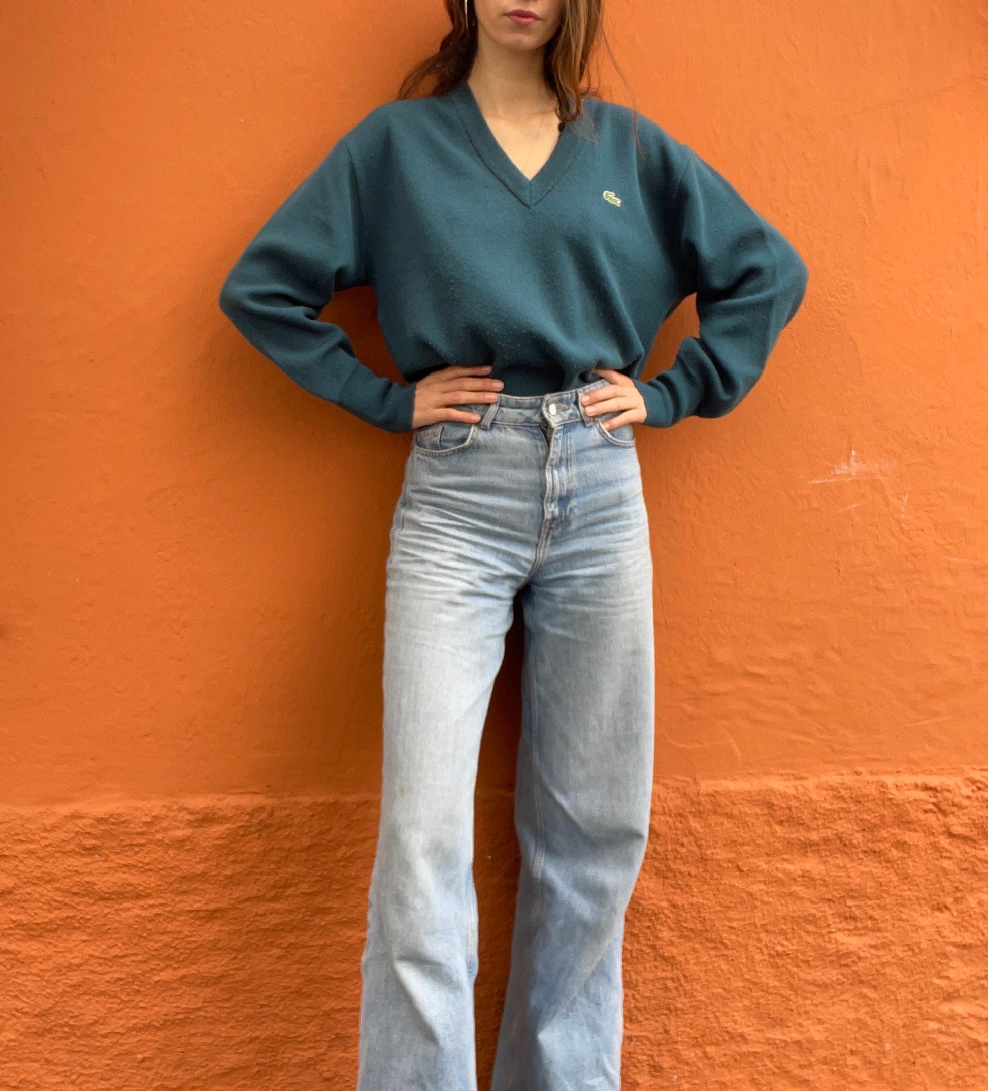 Forest green vintage Chemise Lacoste sweaterverst, V neck dark green Dark Academia aesthetic jumper, V neck winter sweater, Vintage unisex