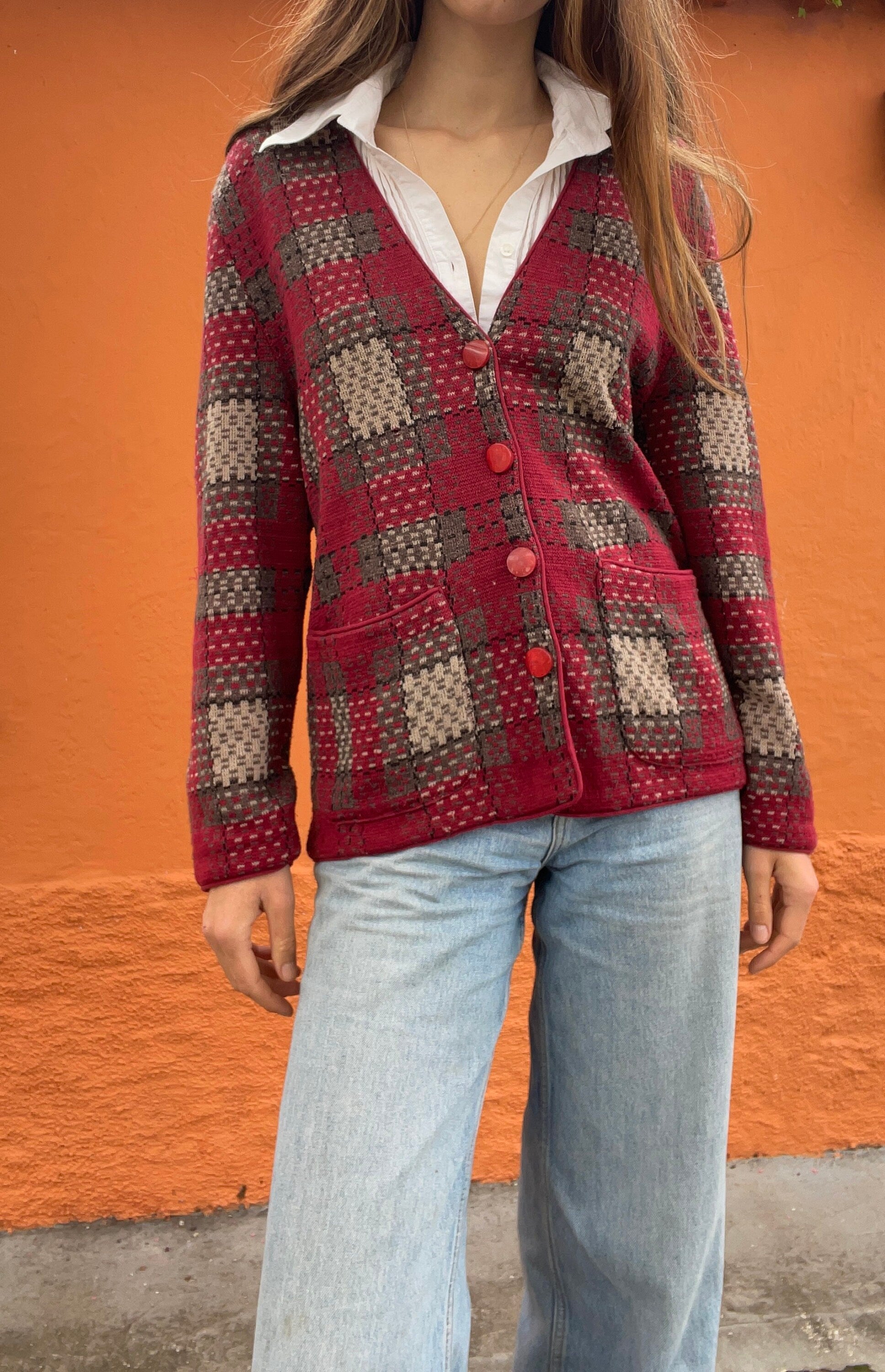 Vintage Pierre Cardin red cardigan, Light Academia aesthetic jumper, Vintage clothing, Unisex winter clothing, Size M - L