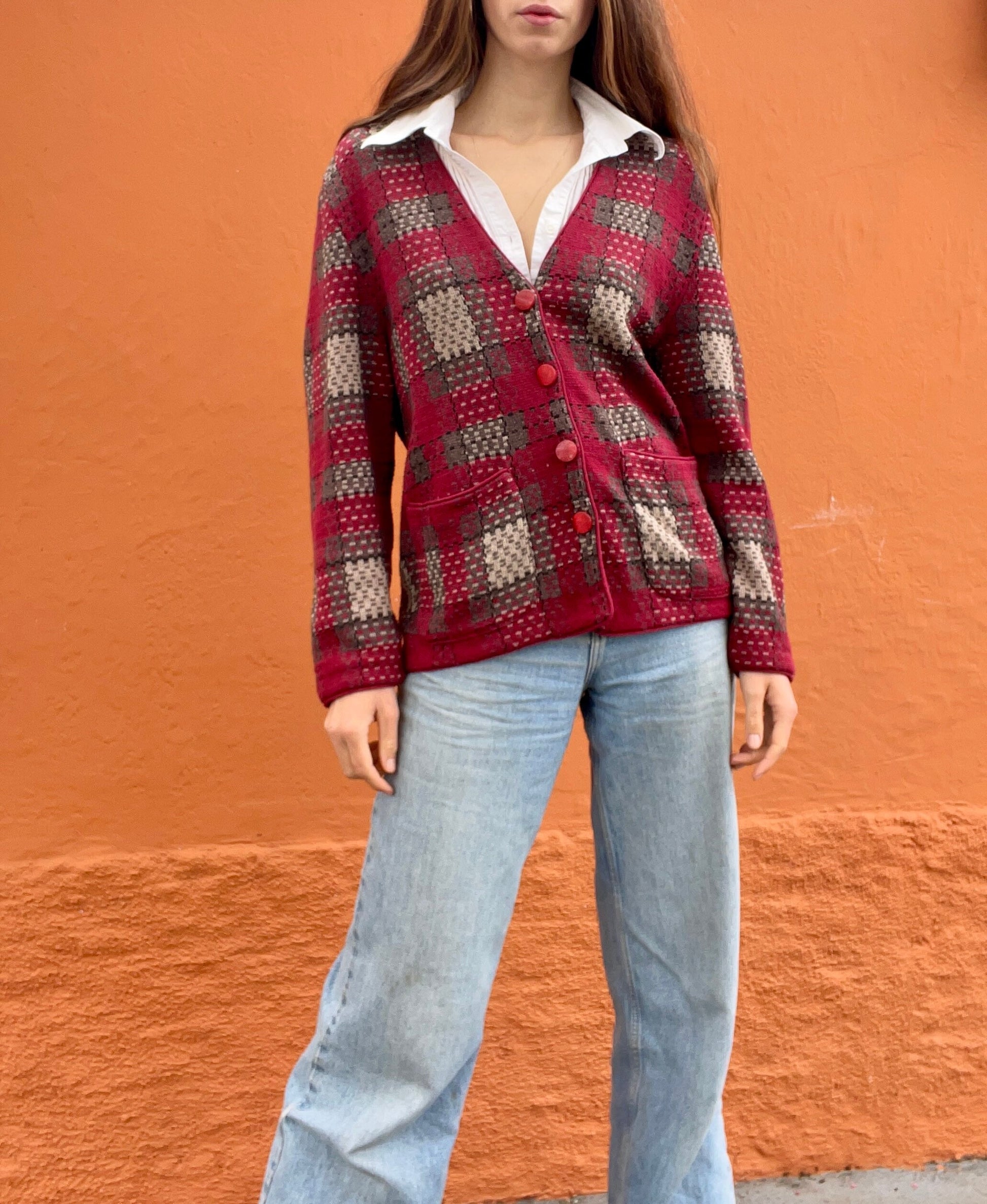 Vintage Pierre Cardin red cardigan, Light Academia aesthetic jumper, Vintage clothing, Unisex winter clothing, Size M - L