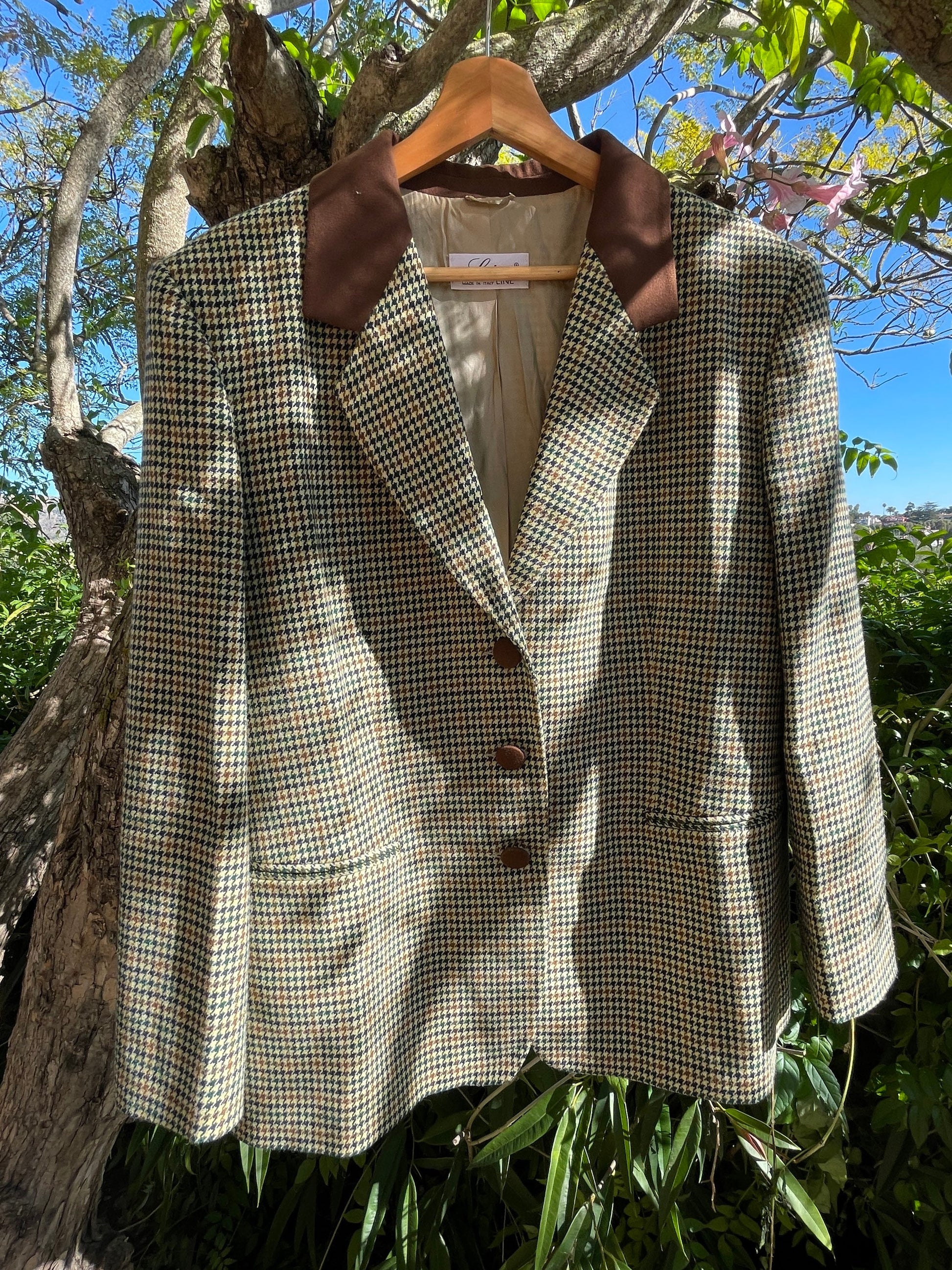 Italian Tweed Blazer with Padded Shoulders - Vintage Elegance, Oversized woman blazer, Houndstooth plaid pattern, US XL