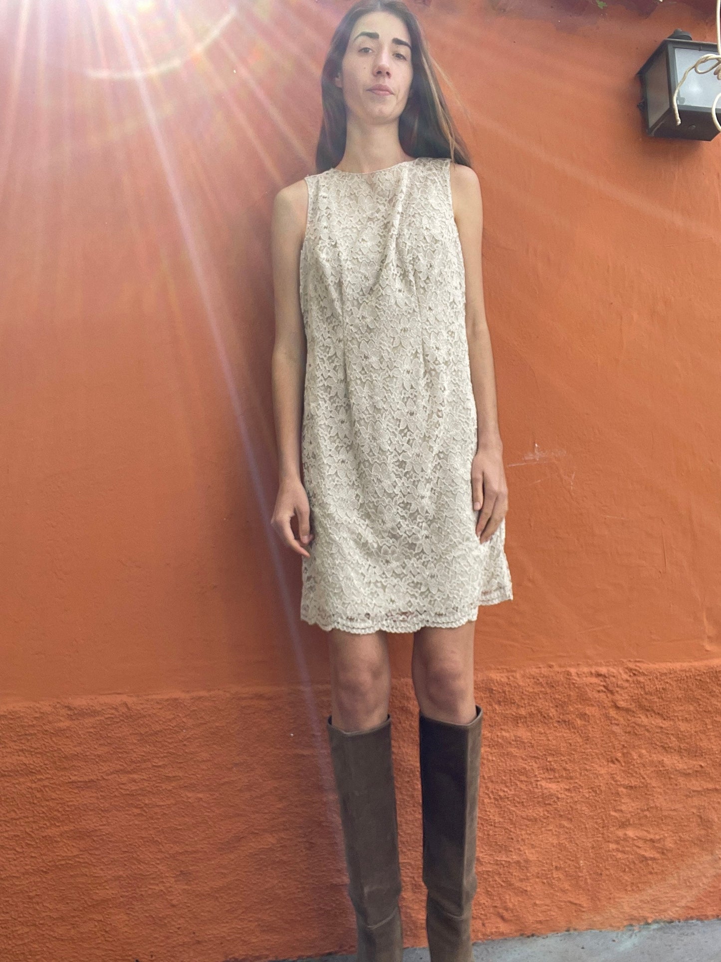 Vintage beige lace bodycon dress, Eggshell / Creme lace slip dress, M