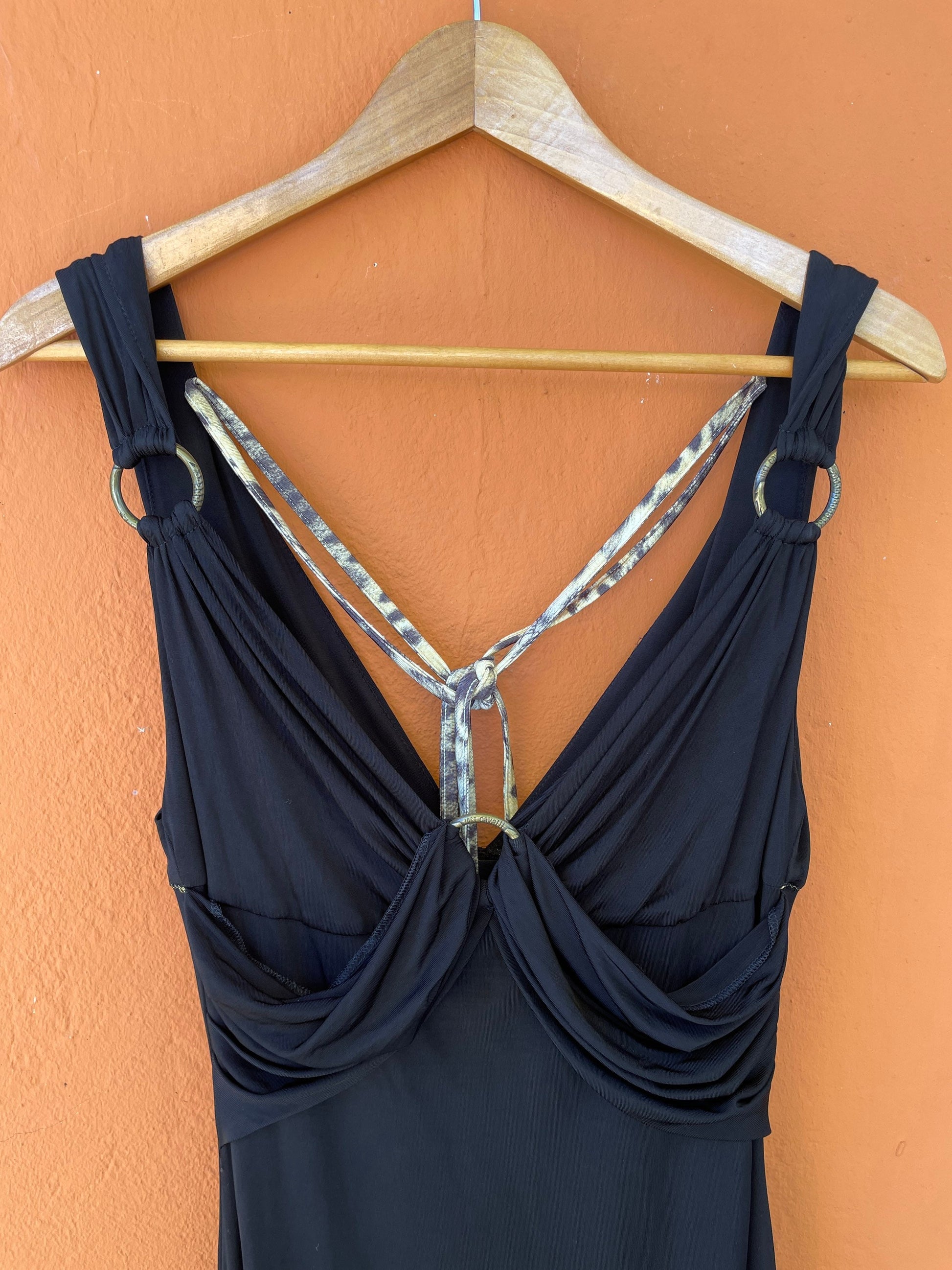 Vintage Just Cavalli formal maxi dress, Elegant black deep v cocktail dress, Animal pattern long dress, L