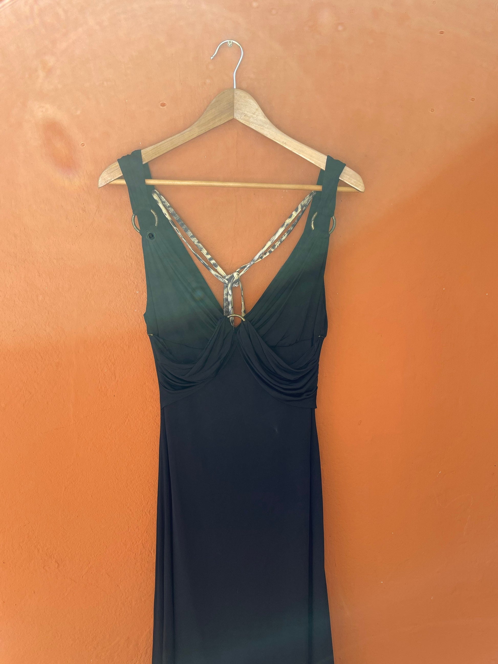 Vintage Just Cavalli formal maxi dress, Elegant black deep v cocktail dress, Animal pattern long dress, L