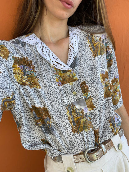 Floral Landscape Print Blouse With Lace Collar — fabric close-up