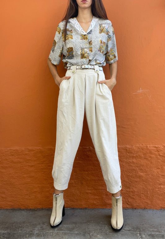 Vintage woman blouse with landscape images and lace collar, Floral vintage tee, Loose short sleeve brown blouse, XXL