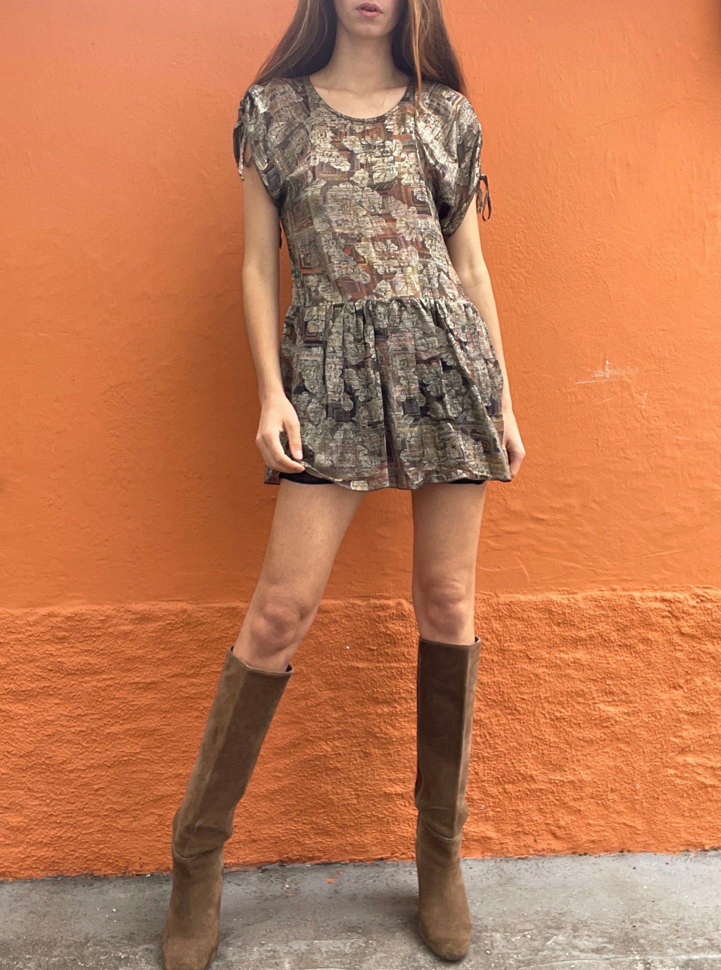 Isabel Marant mini dress – abstract gold baroque print, French designer vintage, size 0, elegant cut, boho chic, party dress