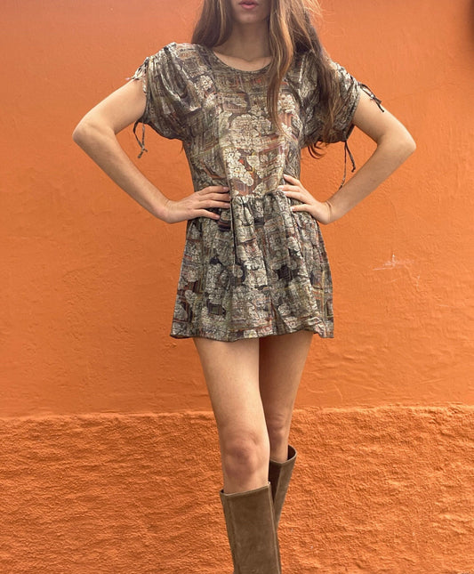 Isabel Marant mini dress – abstract gold baroque print, French designer vintage, size 0, elegant cut, boho chic, party dress