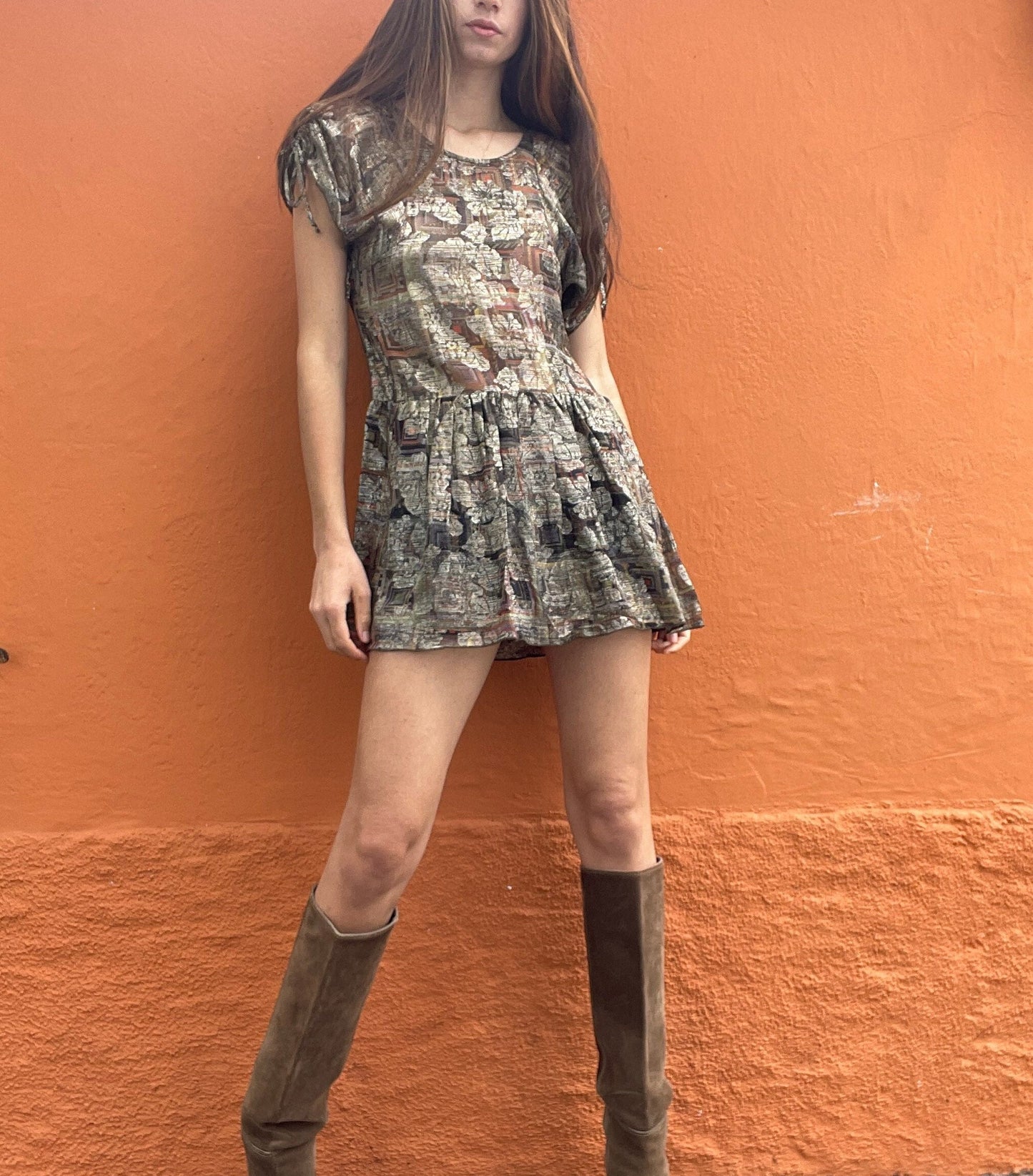 Isabel Marant mini dress – abstract gold baroque print, French designer vintage, size 0, elegant cut, boho chic, party dress