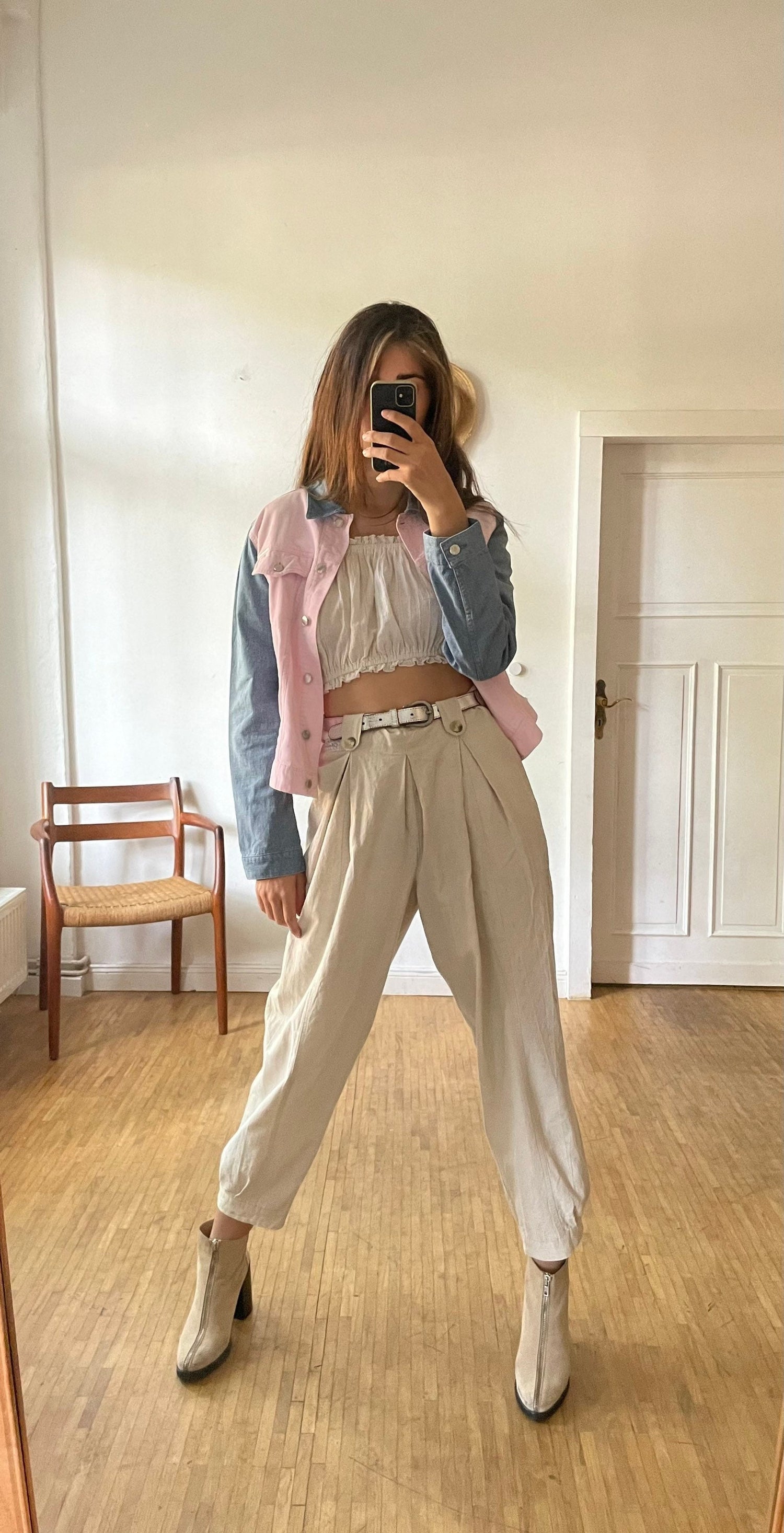 Escada sport denim jacket, Baby pink and light blue summer coat, Vintage high end statement piece, Y2K oversized jeans jacket, M-L