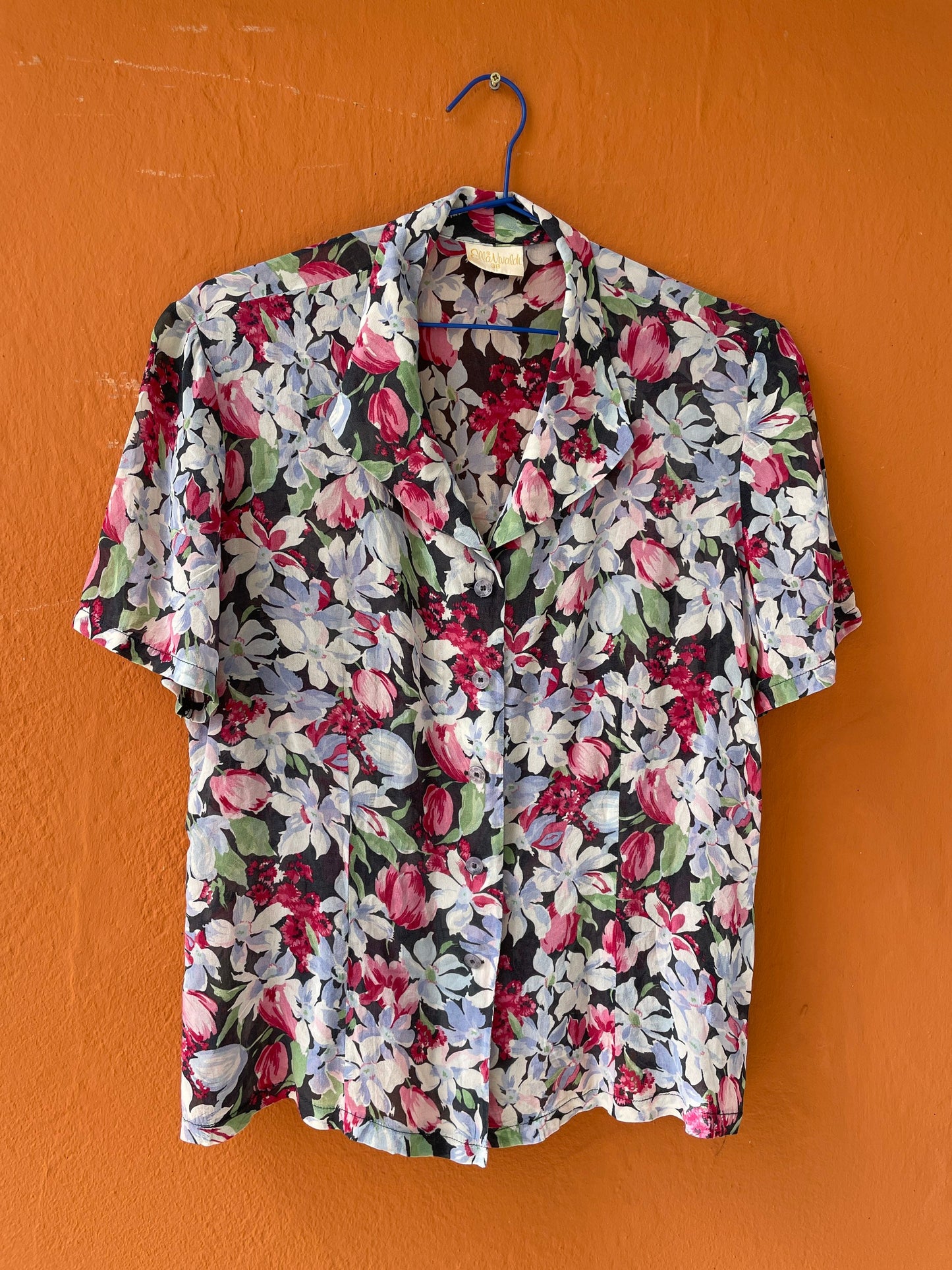 Vintage silk floral summer blouse, Cheerful retro woman clothing, French knot tie top, Cottage core blouse, Cute see through top, Sheer top