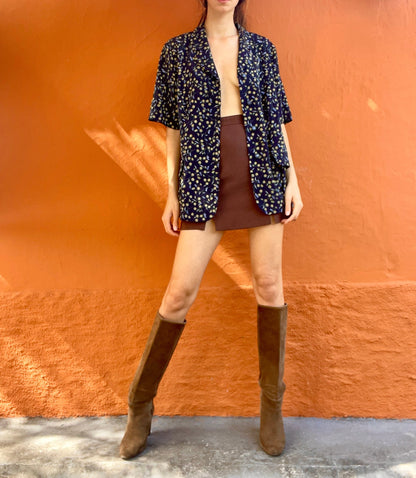 Vintage 80s Blue and Yellow Flower Blouse — fabric close-up