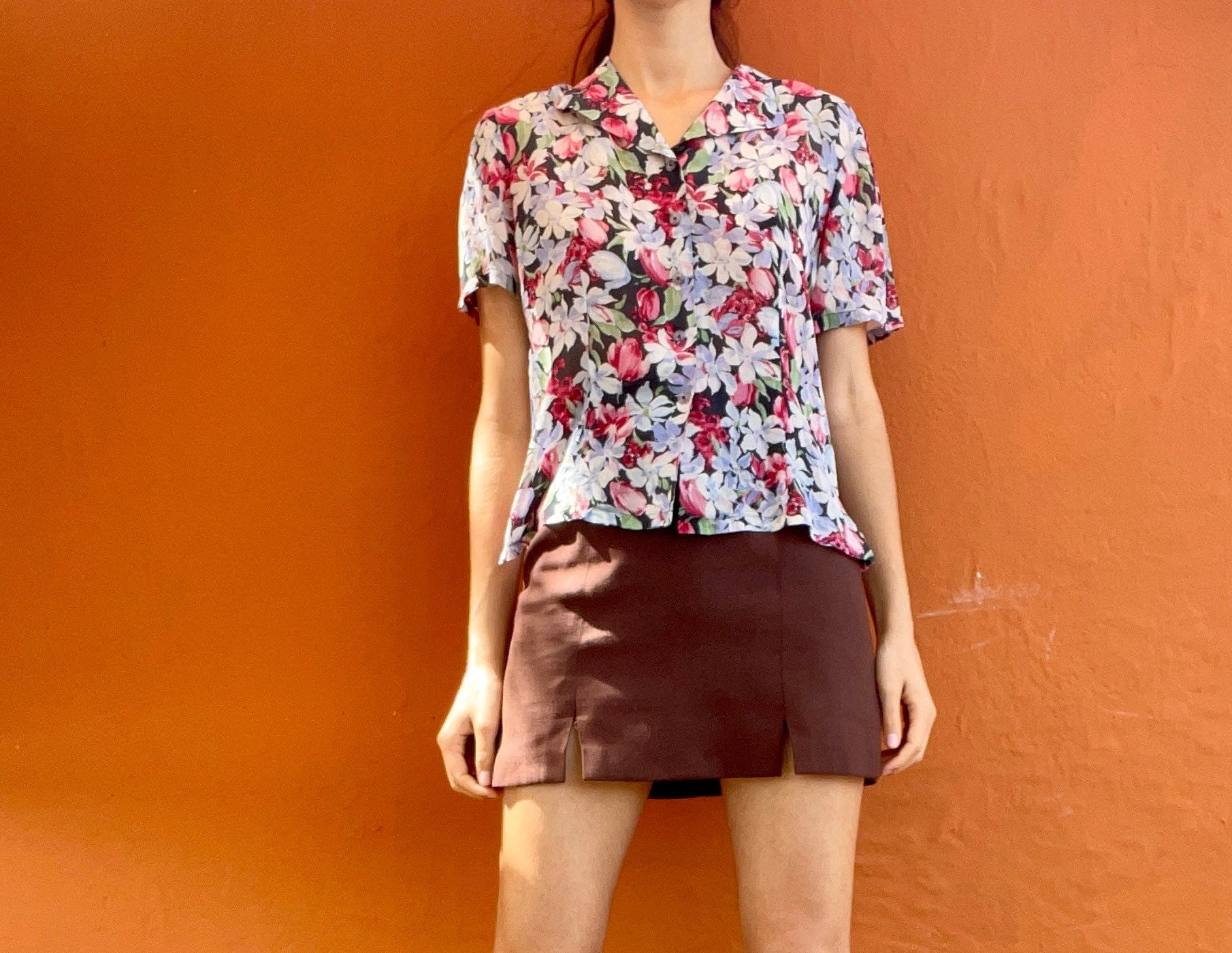 Vintage silk floral summer blouse, Cheerful retro woman clothing, French knot tie top, Cottage core blouse, Cute see through top, Sheer top