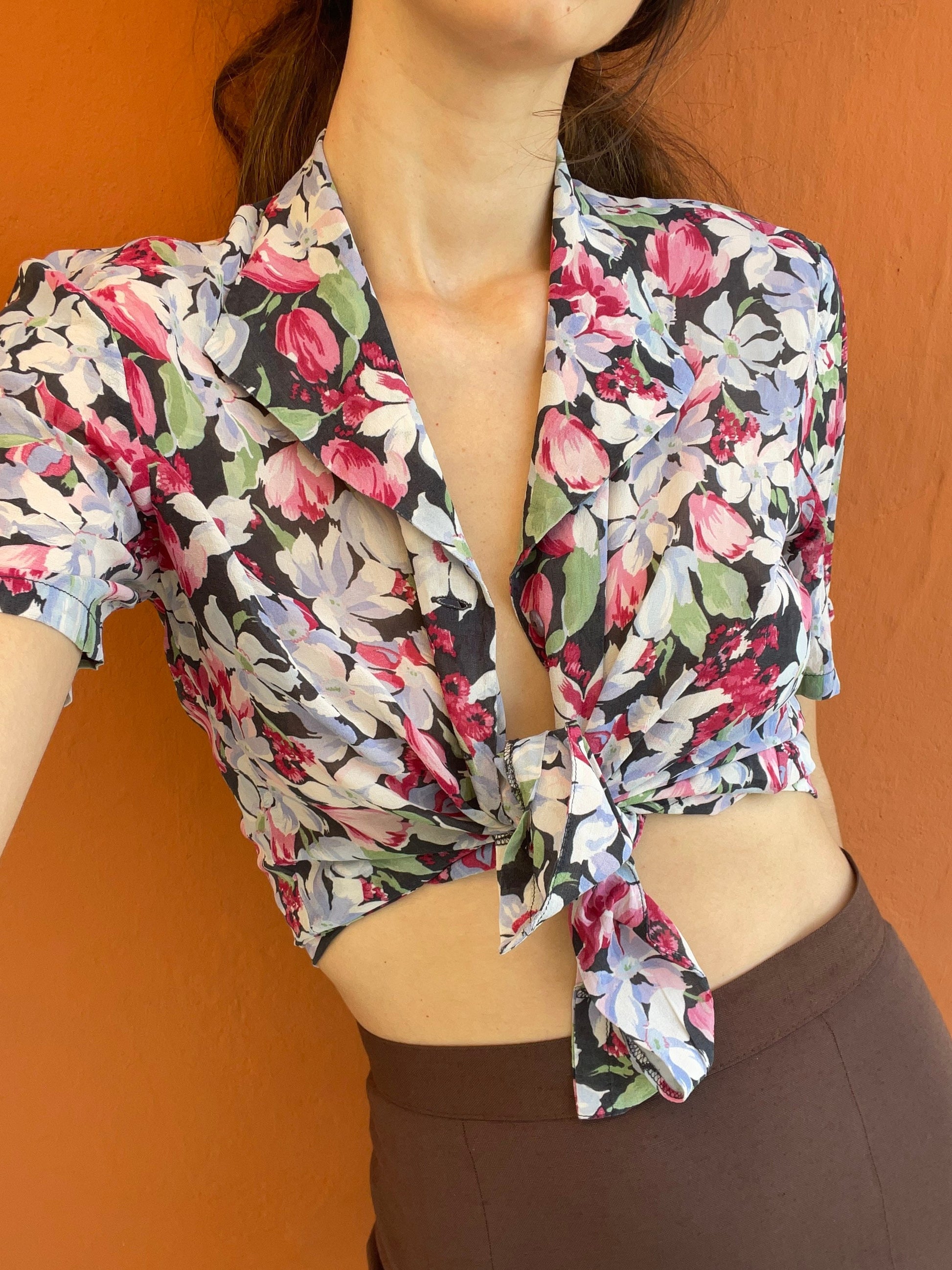 Vintage silk floral summer blouse, Cheerful retro woman clothing, French knot tie top, Cottage core blouse, Cute see through top, Sheer top