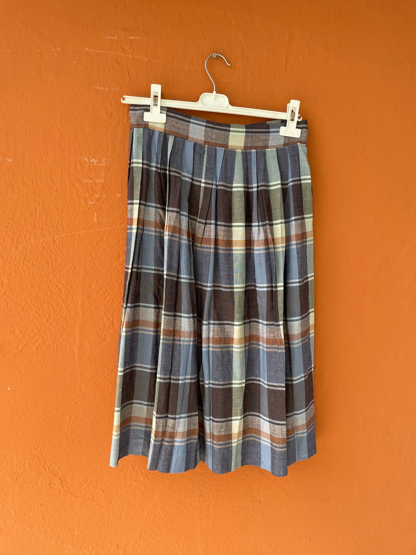 Vintage plaid blue and brown midi skirt, Long high waist Cottage core skirt, Retro summer skirt