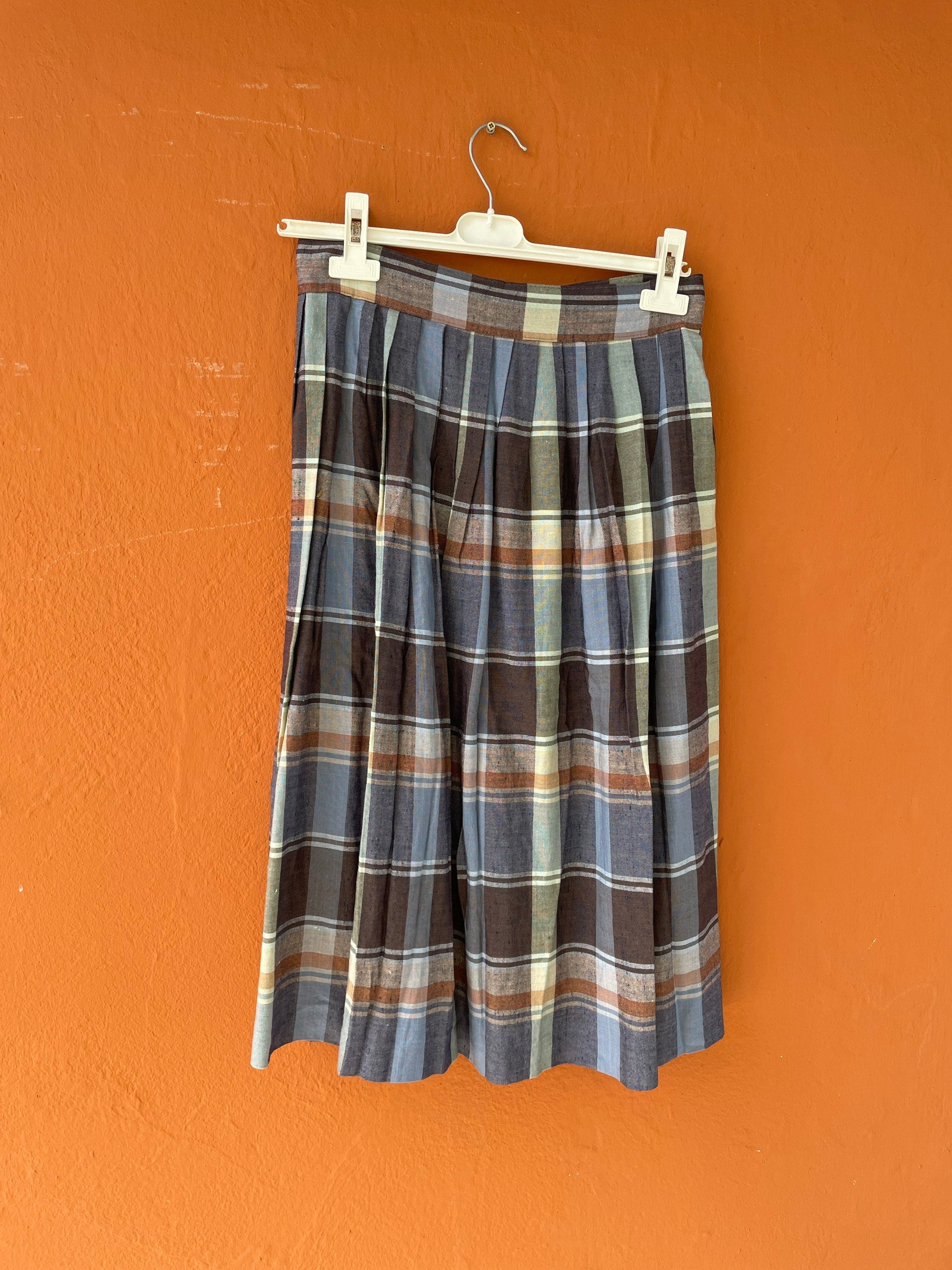 Vintage plaid blue and brown midi skirt, Long high waist Cottage core skirt, Retro summer skirt